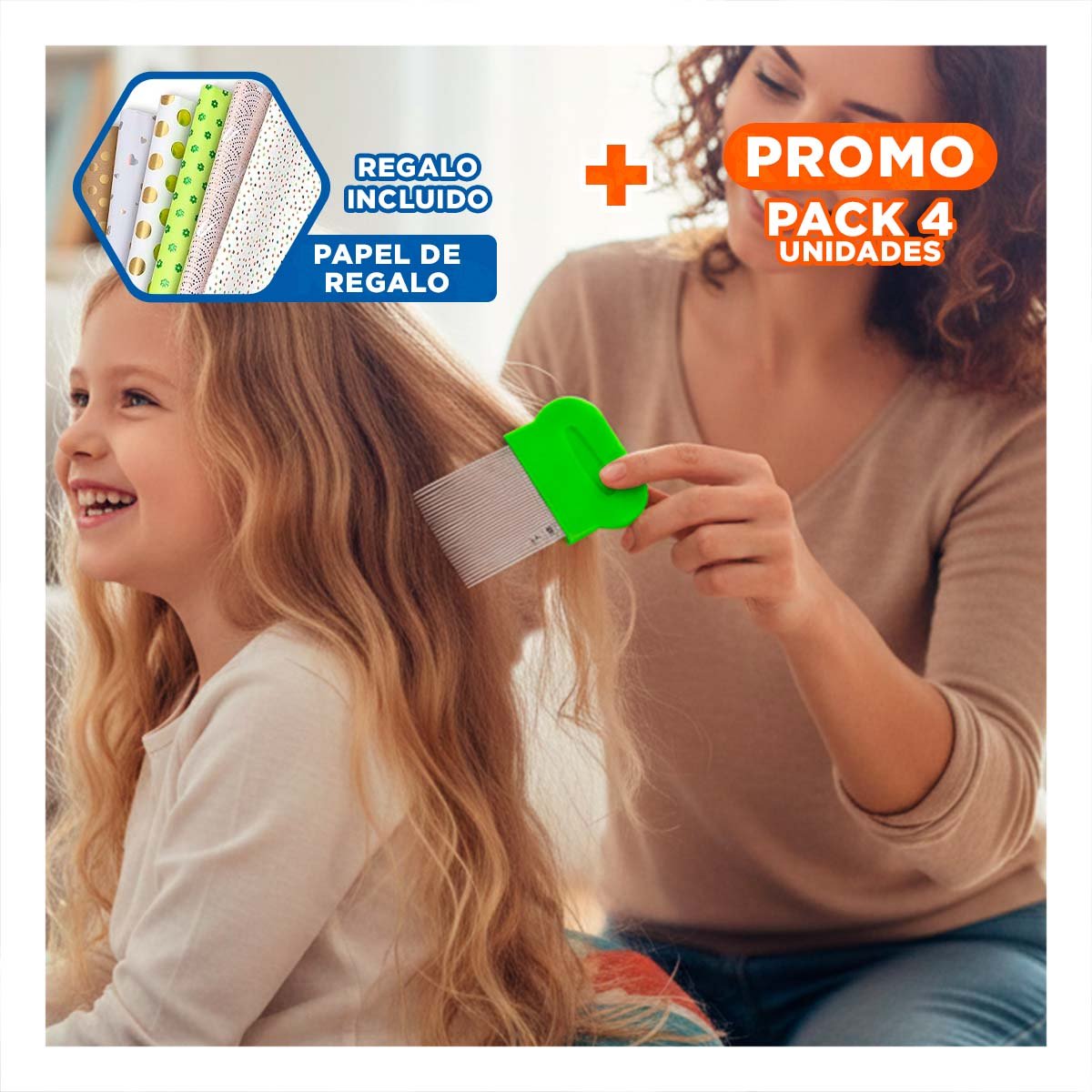 PACK4 PEINE FINO VERDE PARA PIOJOS Y LIENDRES RESISTENTE EN CASA Y+PAPEL REGALO - 1