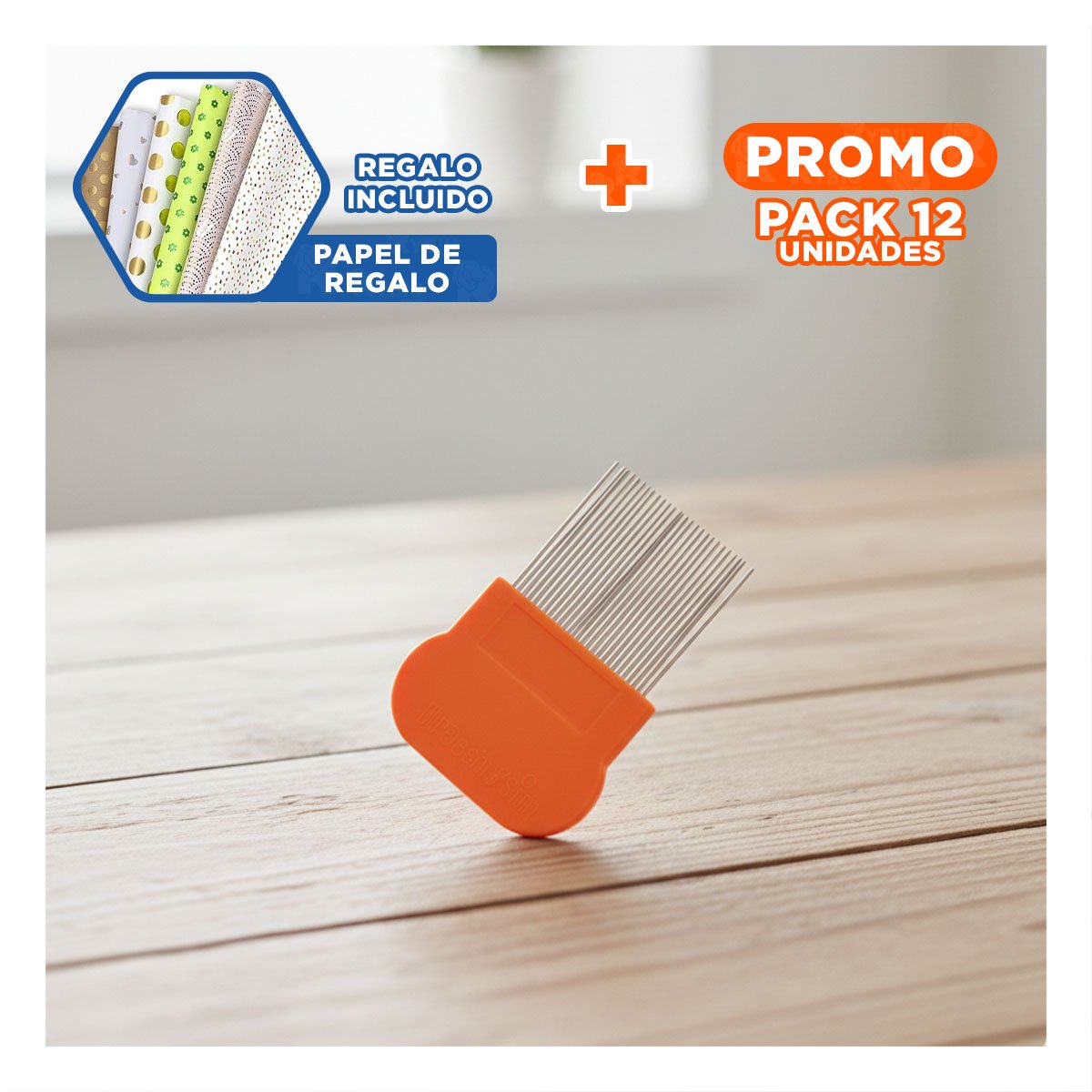 PACK12 PEINETA MANUAL NARANJA PARA PIOJOS Y LIENDRES SEGURA EN CASA Y+PAPEL REGALO - 1