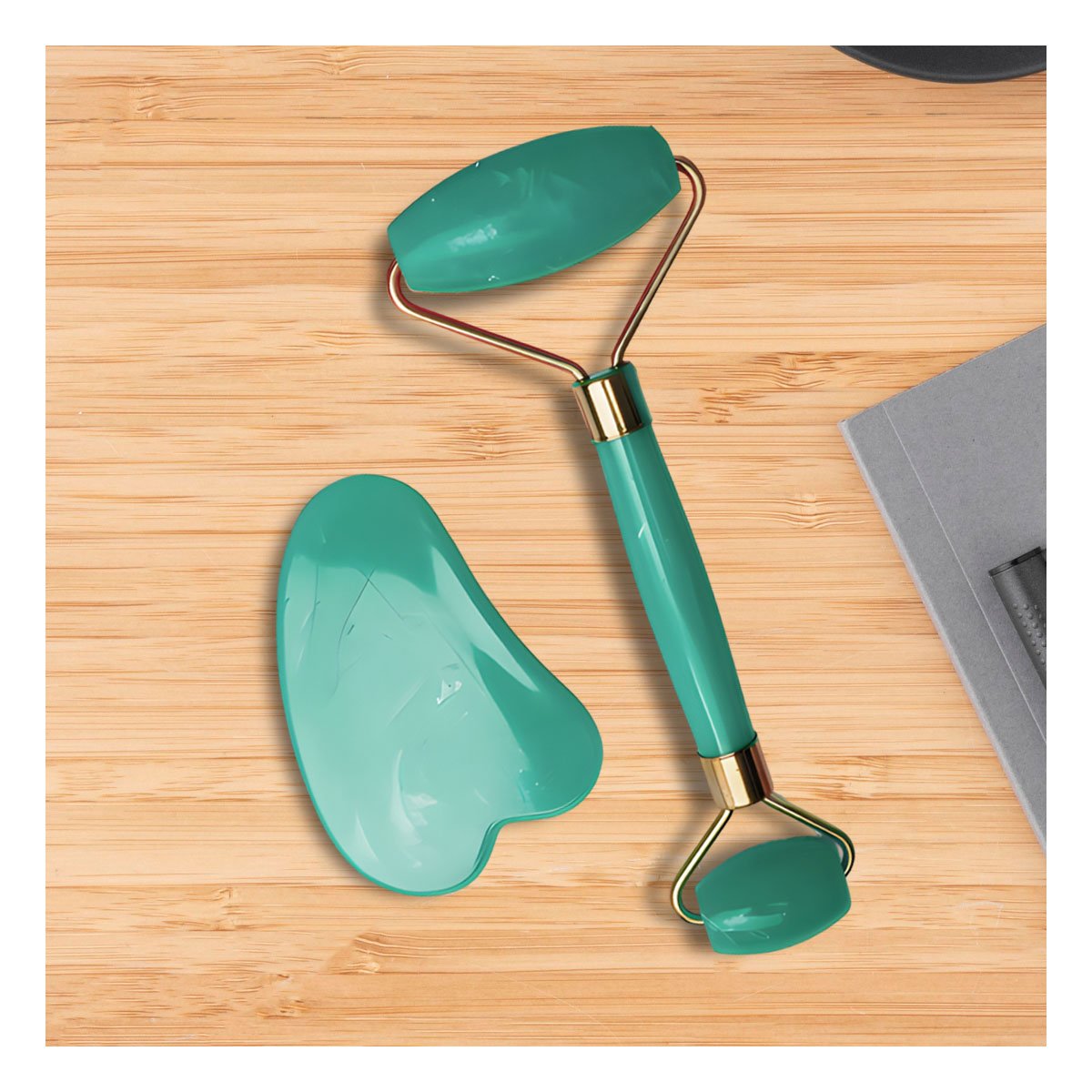 PACK2 INSTRUMENTO FACIAL SET DE 2 VERDE AGUA DE PLASTICO PARA MASAJES Y CUIDADO Y+PAPEL REGALO - 5