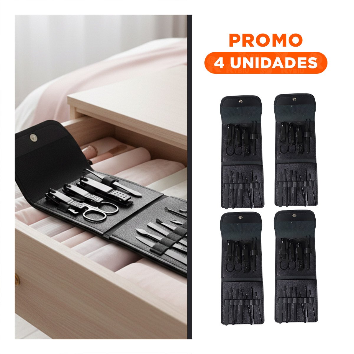 PACK4 KIT ELEGANTE 12 PIEZAS MANICURE Y PEDICURE NEGRO PEQUENO Y COMPACTO Y+REGALO STICKER - 1