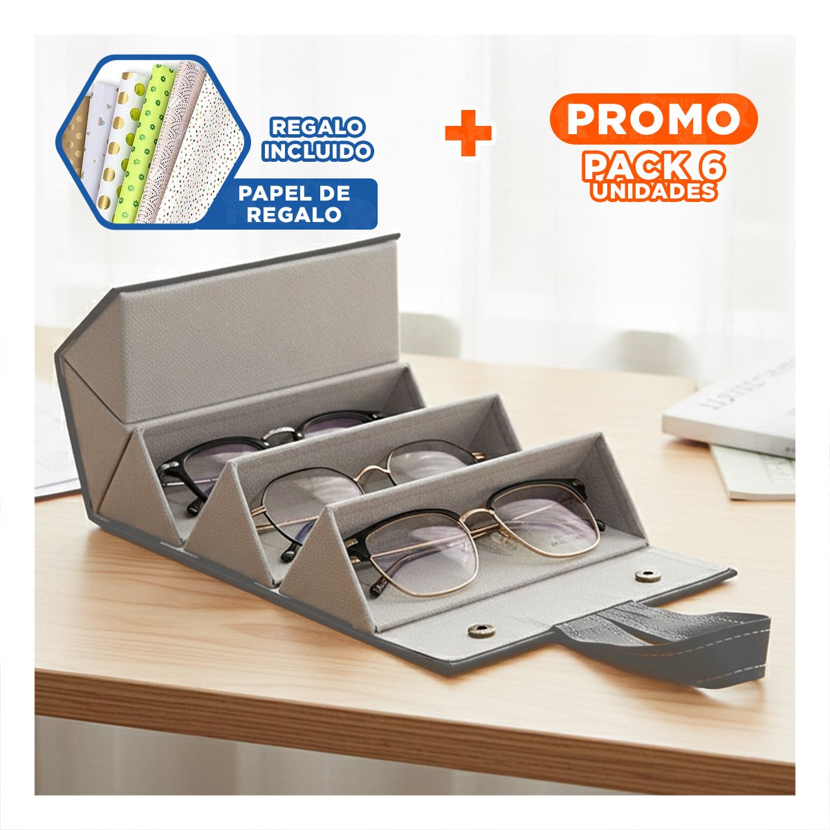 PACK6 GUARDADOR COMPACTO DE LENTES PENTAGONO PLOMO PARA HOGAR Y+PAPEL REGALO - 1