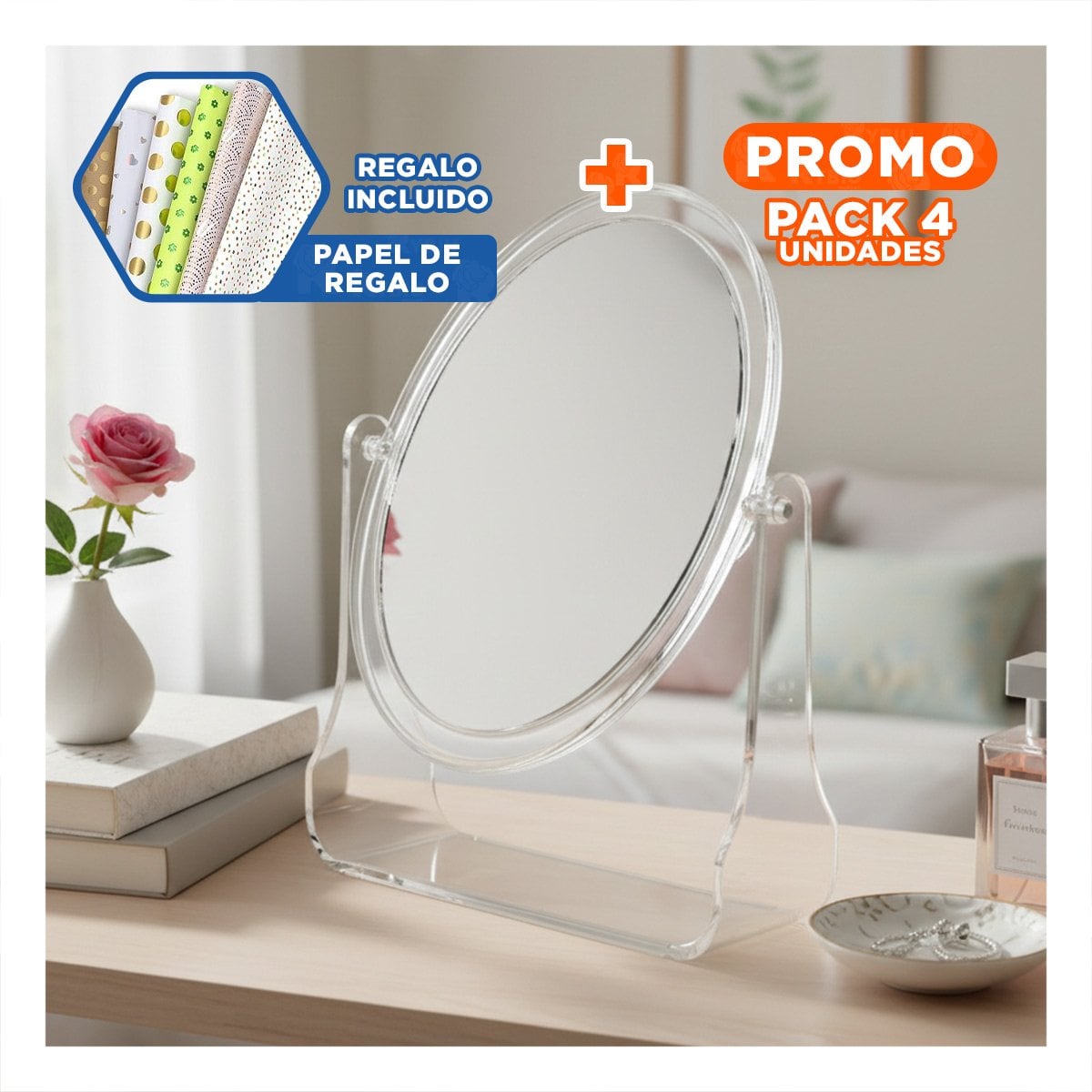 PACK4 ESPEJO OVALADO DOBLE PARA MESA 17,5X13,5CM TRANSPARENTE HOGAR Y+PAPEL REGALO - 1