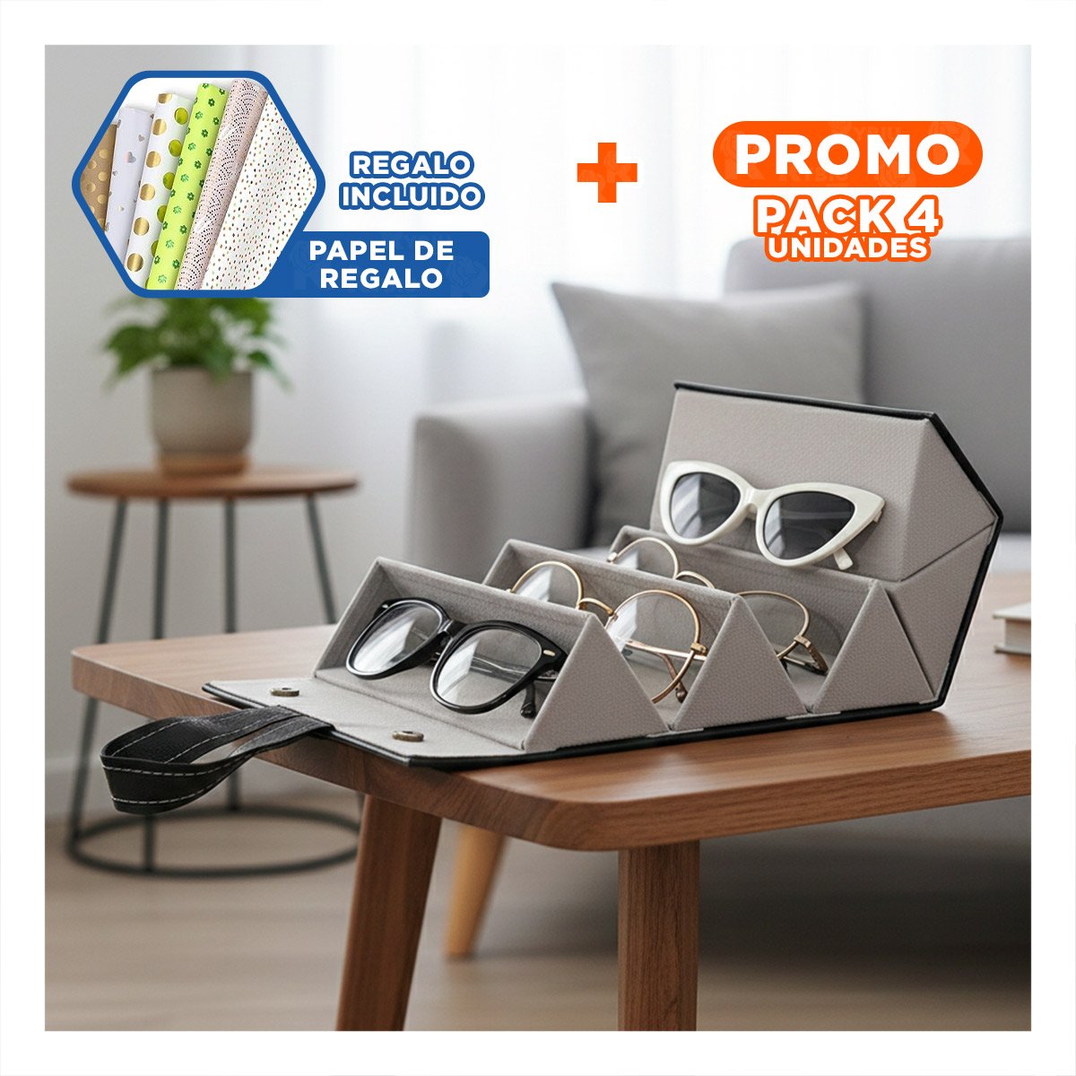 PACK4 COFRE RESISTENTE DE LENTES NEGRO PENTAGONO CON COMPARTIMENTOS REMOVIBLES Y+PAPEL REGALO - 1