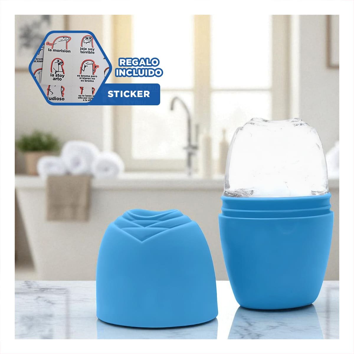 CONTENEDOR PARA RODILLO FACIAL CELESTE RESISTENTE Y ELEGANTE PARA USO DIARIO Y+REGALO STICKER - 1