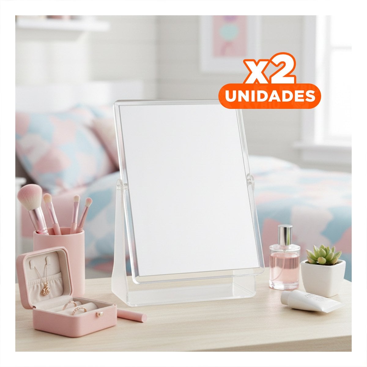 PACK2 ESPEJO RECTANGULAR DE MESA DOBLE VISTA 18X15CM TRANSPARENTE HOGAR Y+REGALO STICKER - 1