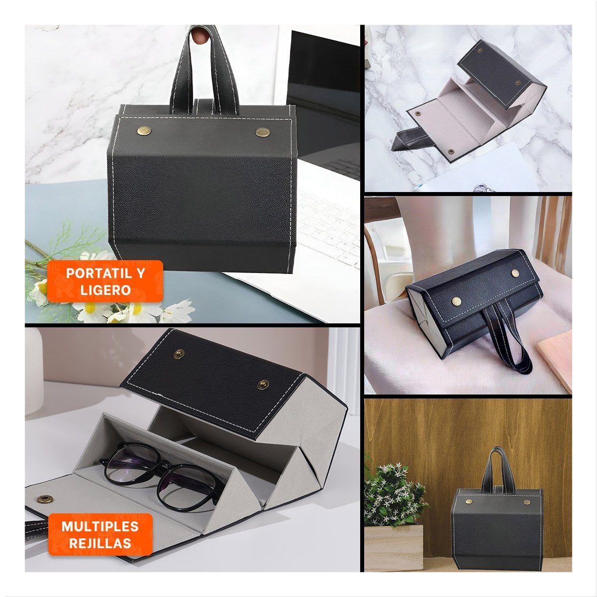 CAJA ELEGANTE DE LENTES COLOR NEGRO PENTAGONO CON COMPARTIMENTOS REMOVIBLES - 5
