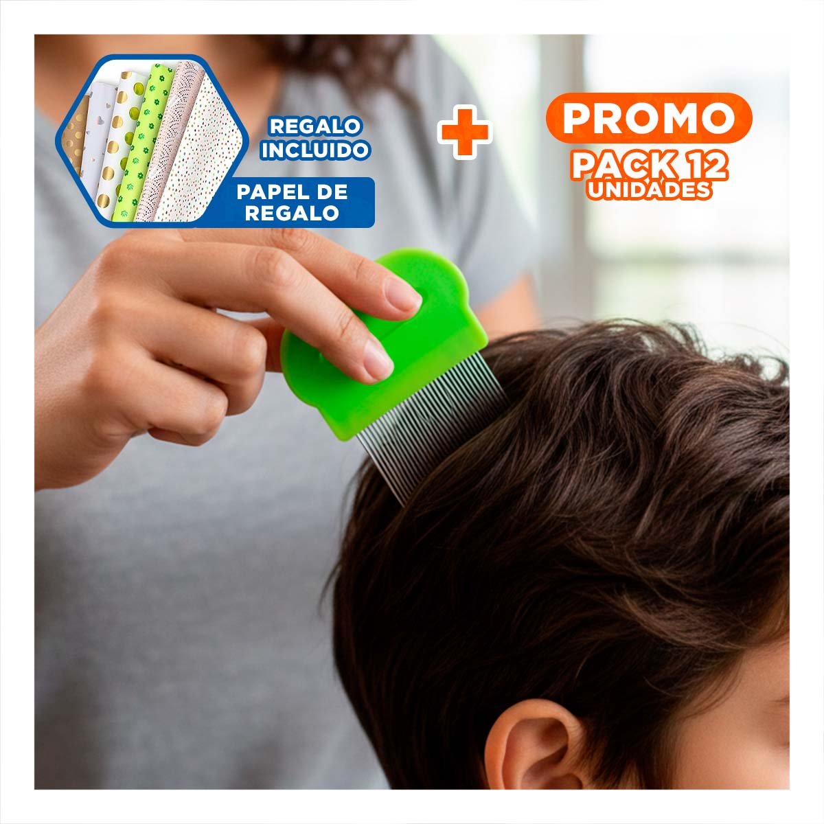 PACK12 PEINETA MANUAL VERDE PARA PIOJOS Y LIENDRES SEGURA EN CASA Y+PAPEL REGALO - 1