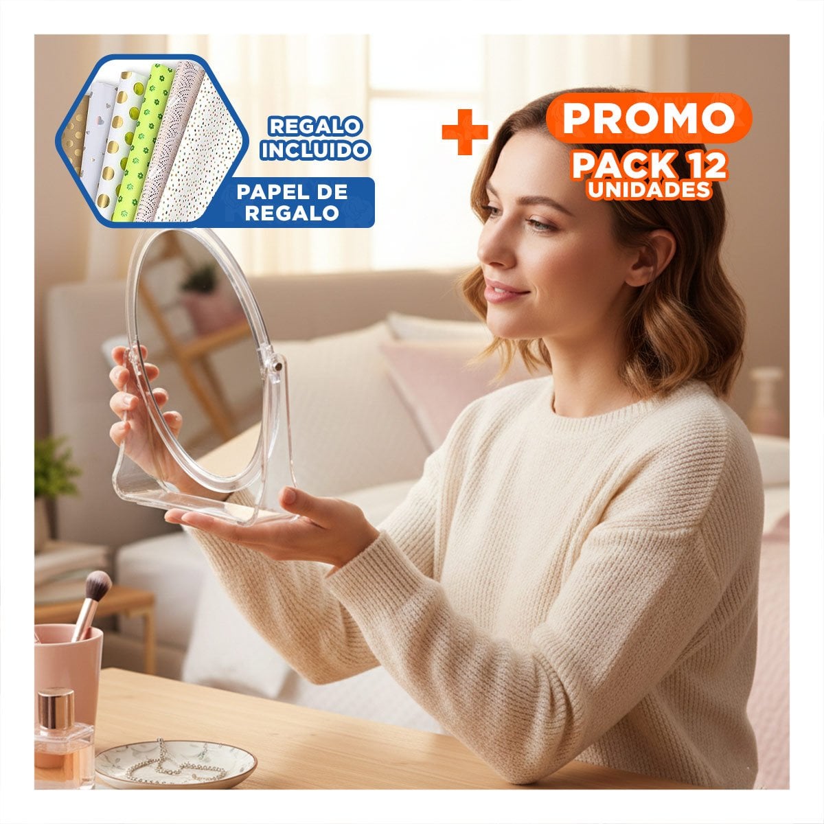 PACK12 REFLEJO DE TOCADOR OVALADO DOBLE 17,5X13,5CM TRANSPARENTE HOGAR Y+PAPEL REGALO - 1