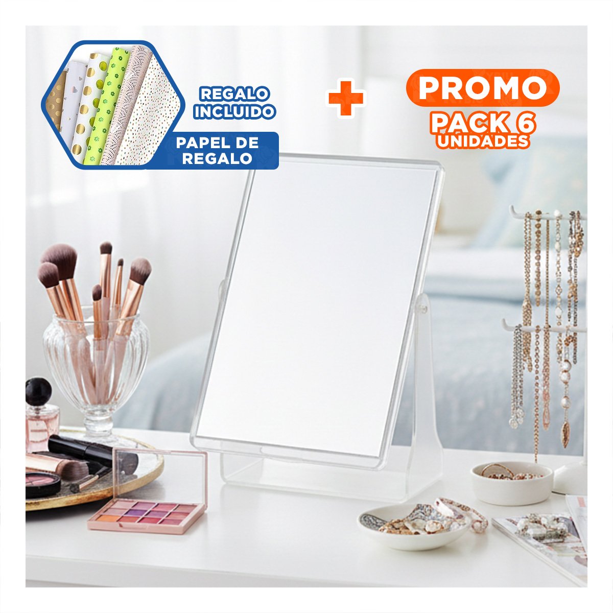 PACK6 ESPEJO RECTANGULAR DOBLE PARA TOCADOR 18X15CM TRANSPARENTE HOGAR Y+PAPEL REGALO - 1