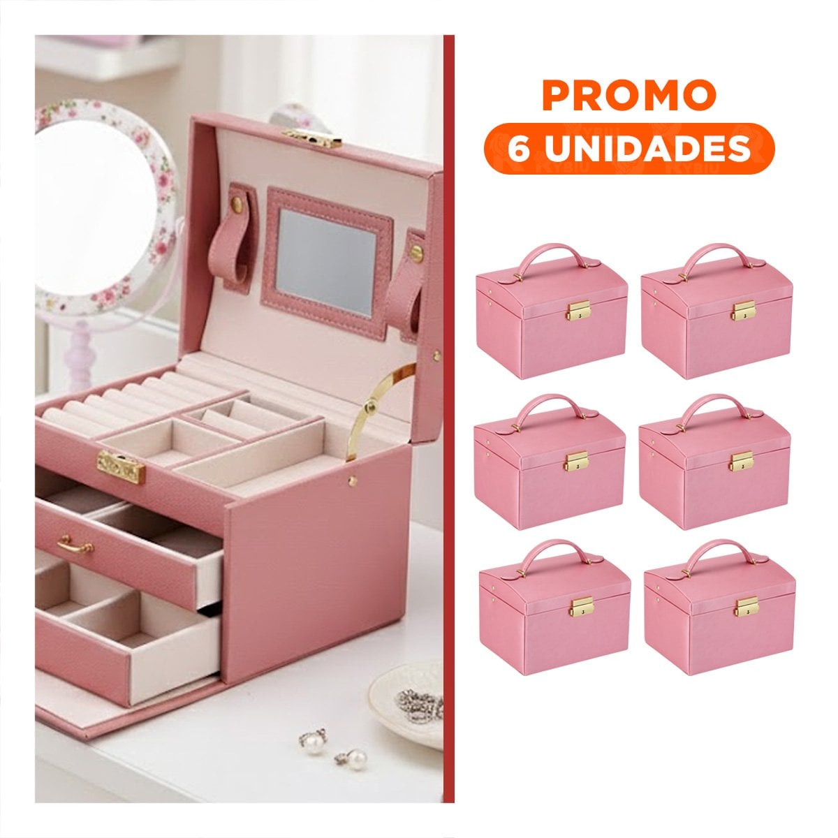 PACK6 JOYERO ELEGANTE DE 3 NIVELES ROSADO PARA DECORACION - 1