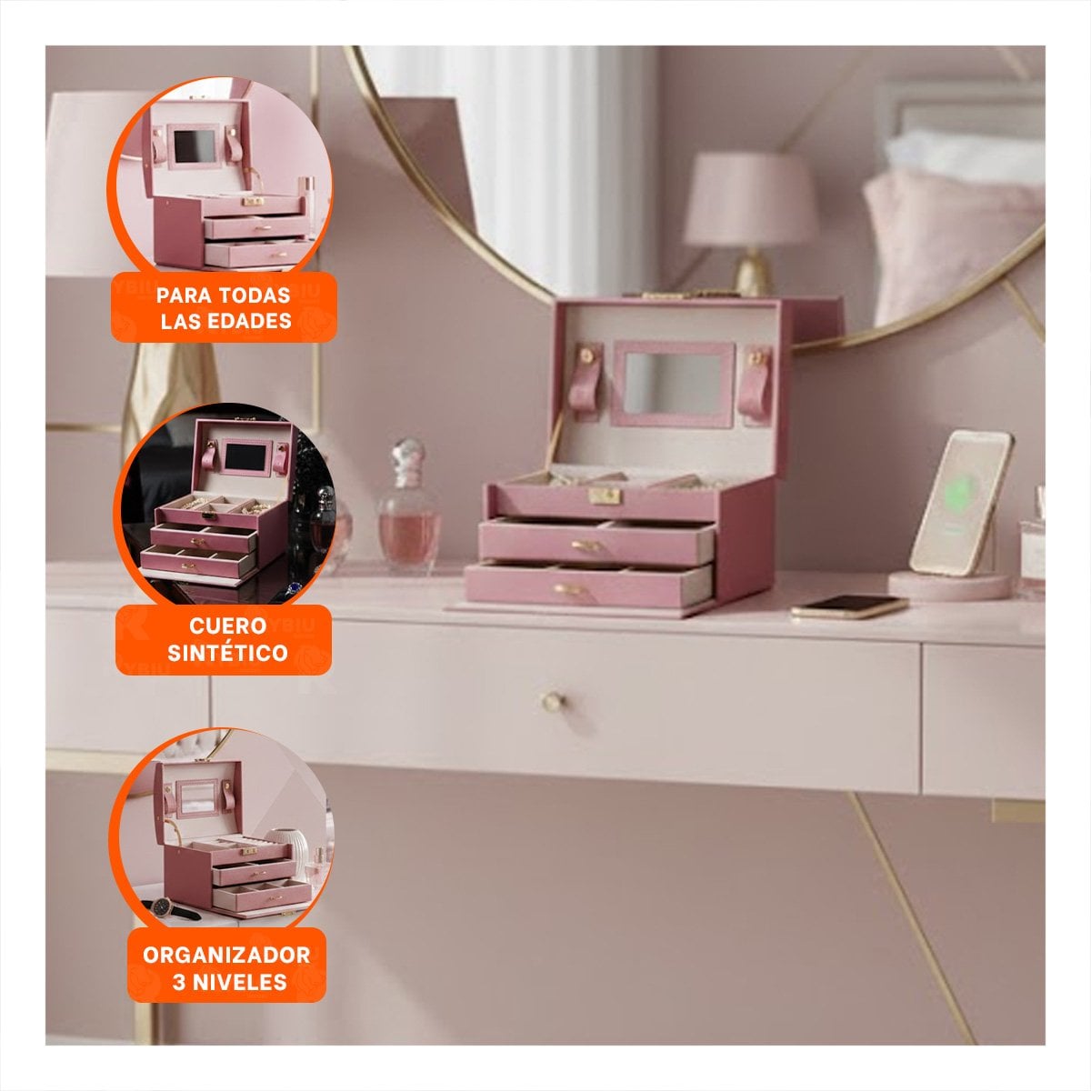 PACK6 JOYERO ELEGANTE DE 3 NIVELES ROSADO PARA DECORACION - 5