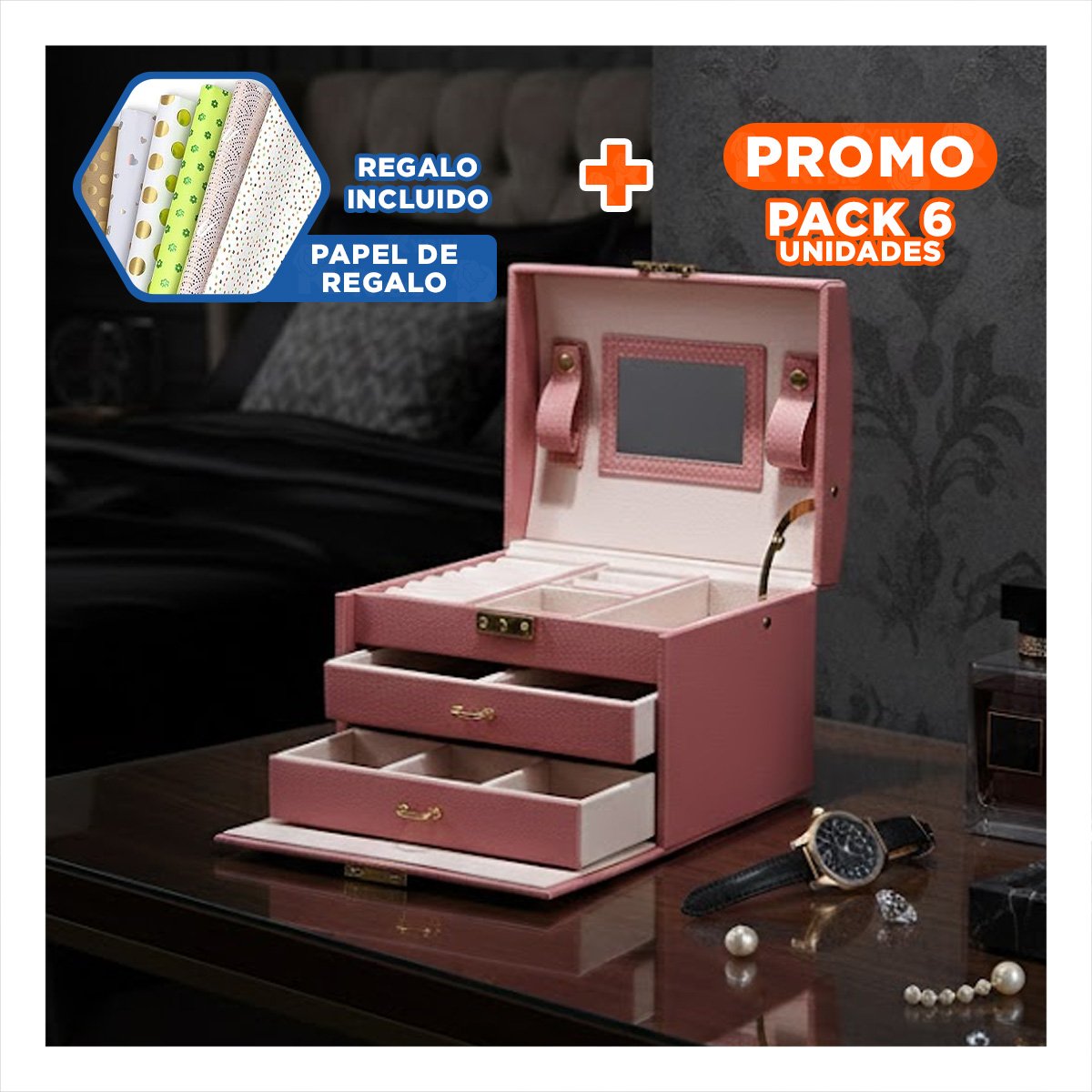 PACK6 ALHAJERO ELEGANTE DE 3 NIVELES ROSADO PARA HOGAR Y+PAPEL REGALO - 1