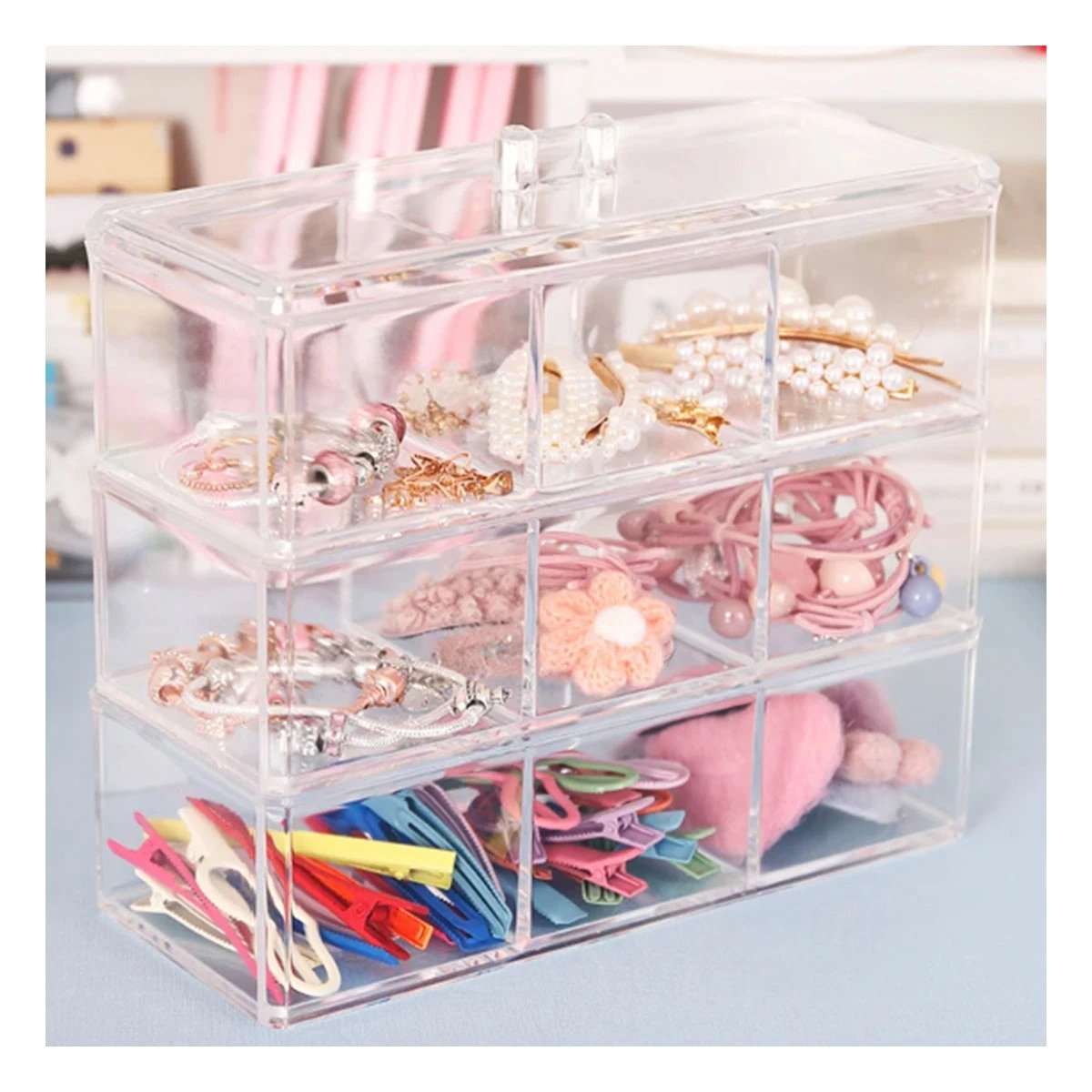 PACK4 CAJA ORGANIZADORA EN COLOR TRANSPARENTE CON TRES PISOS 9 SECCIONES Y+PAPEL REGALO - 2