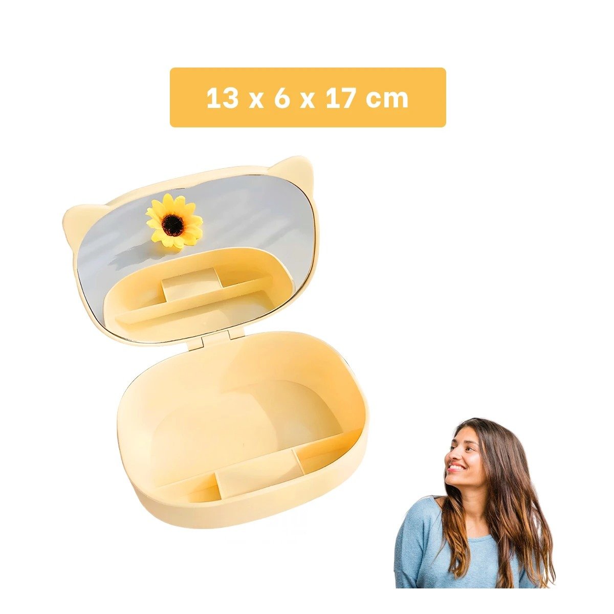 PACK4 CAJA EN COLOR AMARILLO CON SEPARACIONES INTERNAS Y ESPEJO DECORATIVO GATO Y+PAPEL REGALO - 4