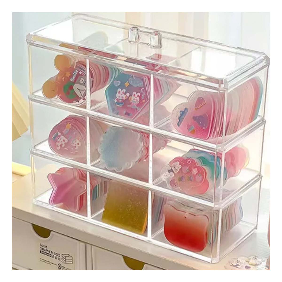 PACK2 CAJA ACRILICA EN COLOR TRANSPARENTE CON TRES PISOS DE ESPACIO CONTINUO - 3