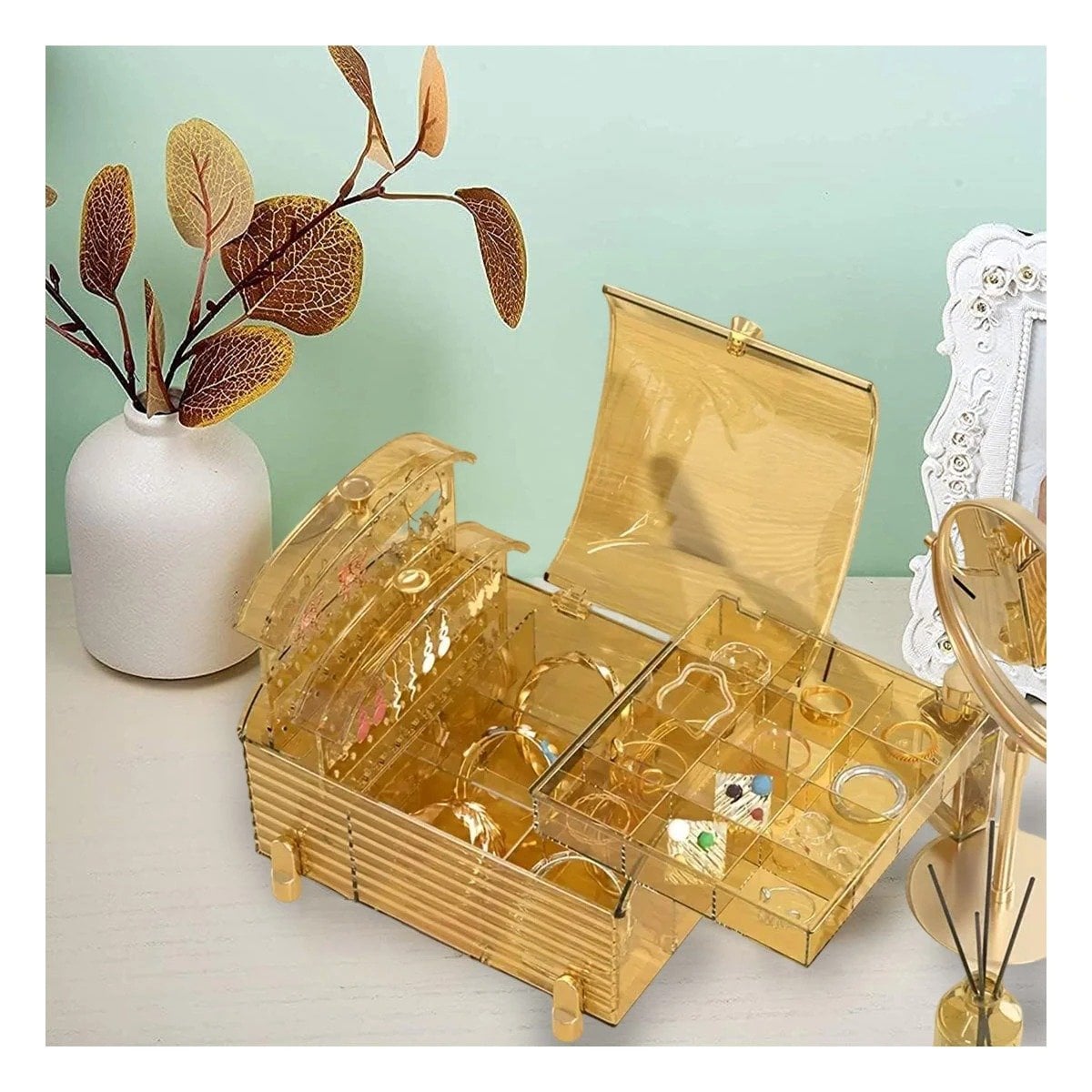 PACK4 CONTENEDOR BAUL AMARILLO TRANSPARENTE PARA MAQUILLAJE 22X17X12,5CM Y+REGALO STICKER - 1