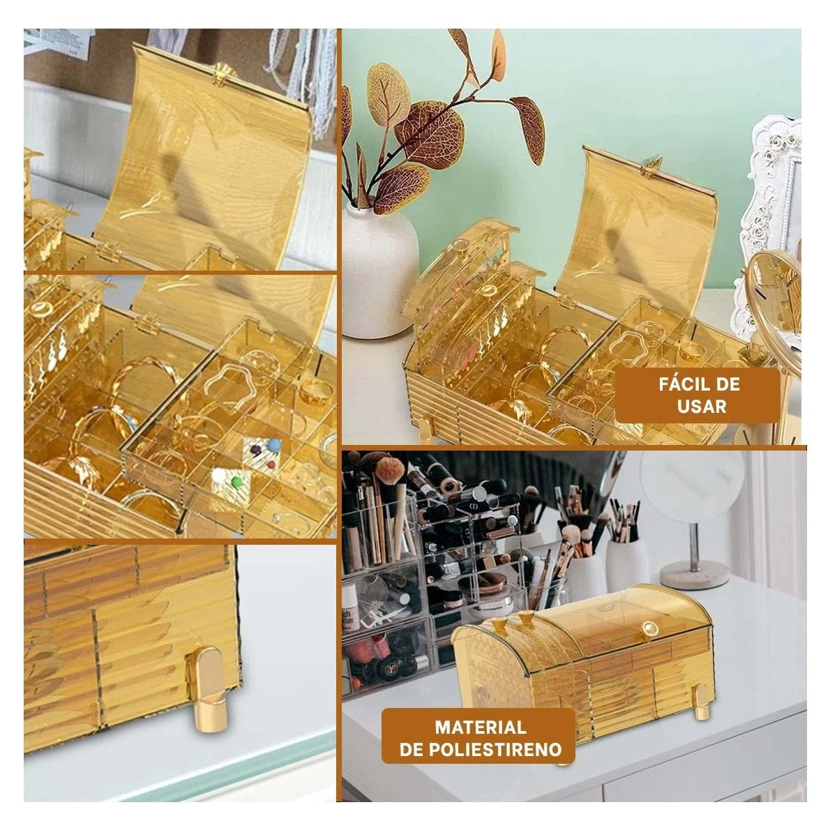 PACK4 CONTENEDOR BAUL AMARILLO TRANSPARENTE PARA MAQUILLAJE 22X17X12,5CM Y+REGALO STICKER - 2