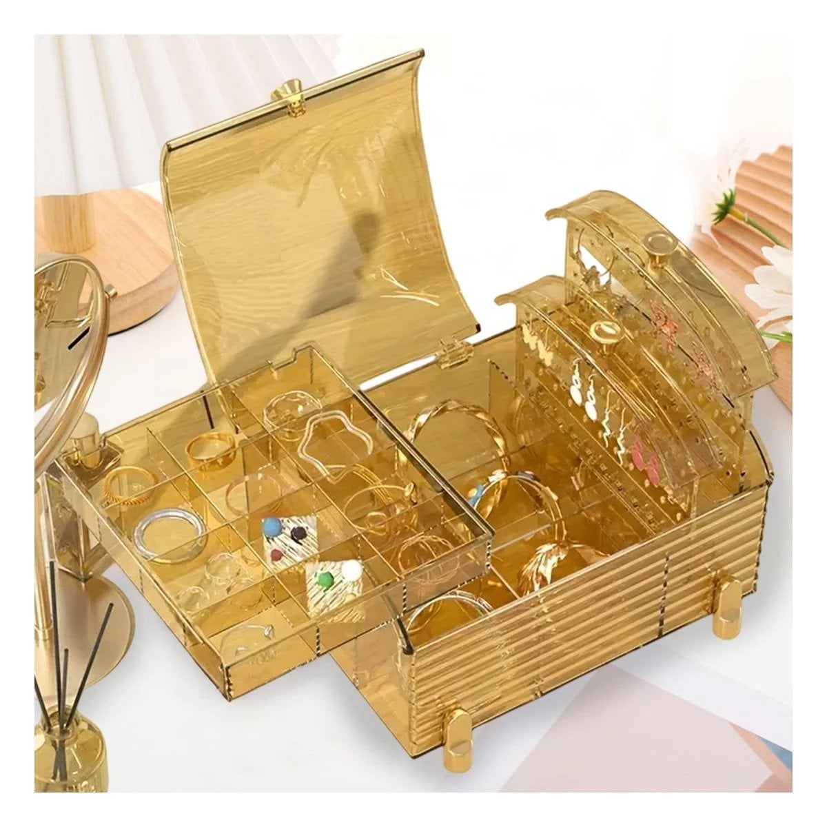 PACK4 CONTENEDOR BAUL AMARILLO TRANSPARENTE PARA MAQUILLAJE 22X17X12,5CM Y+REGALO STICKER - 5