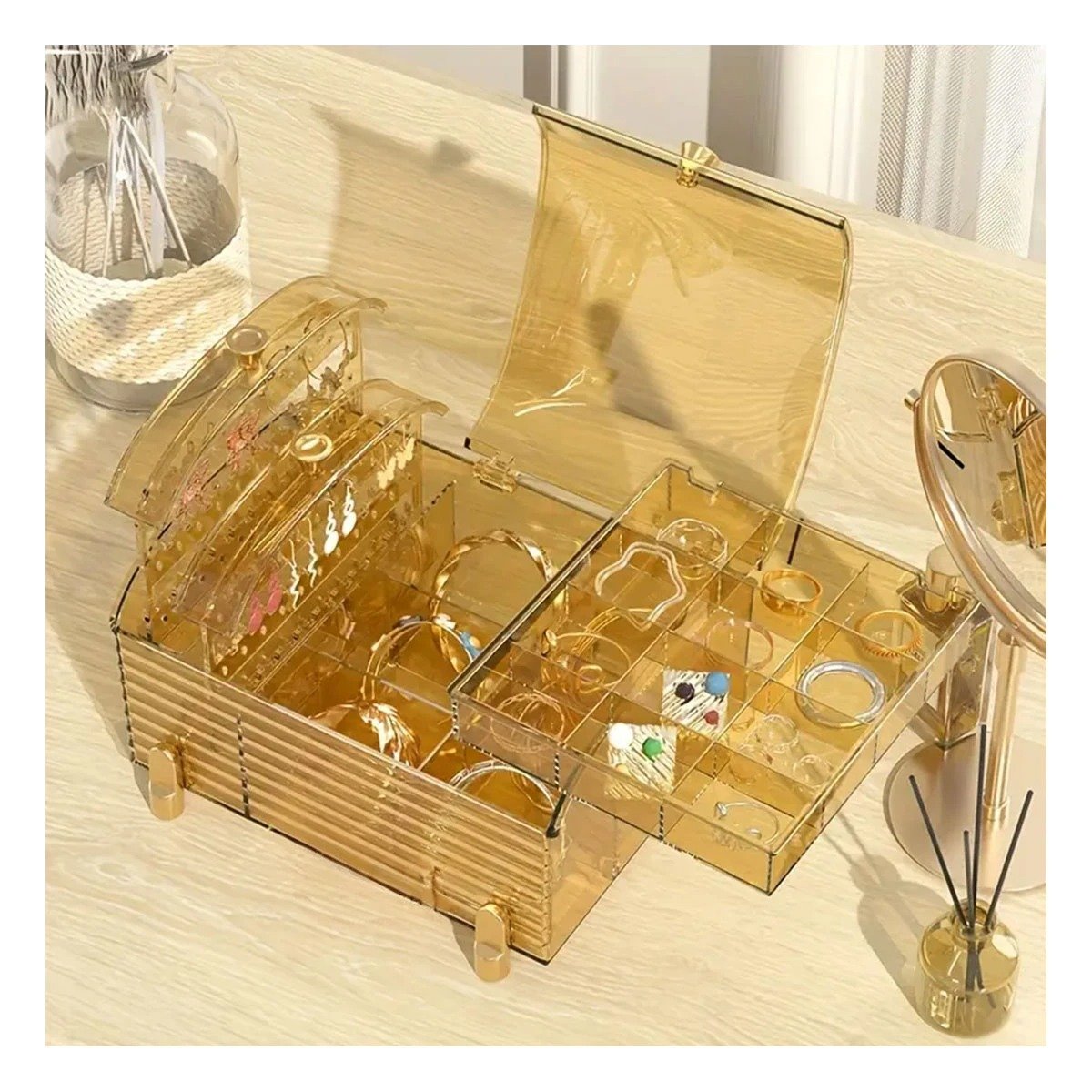PACK4 CAJA ORGANIZADORA AMARILLO TRANSPARENTE CON CAJONES PARA JOYAS 22X17X12,5CM - 3
