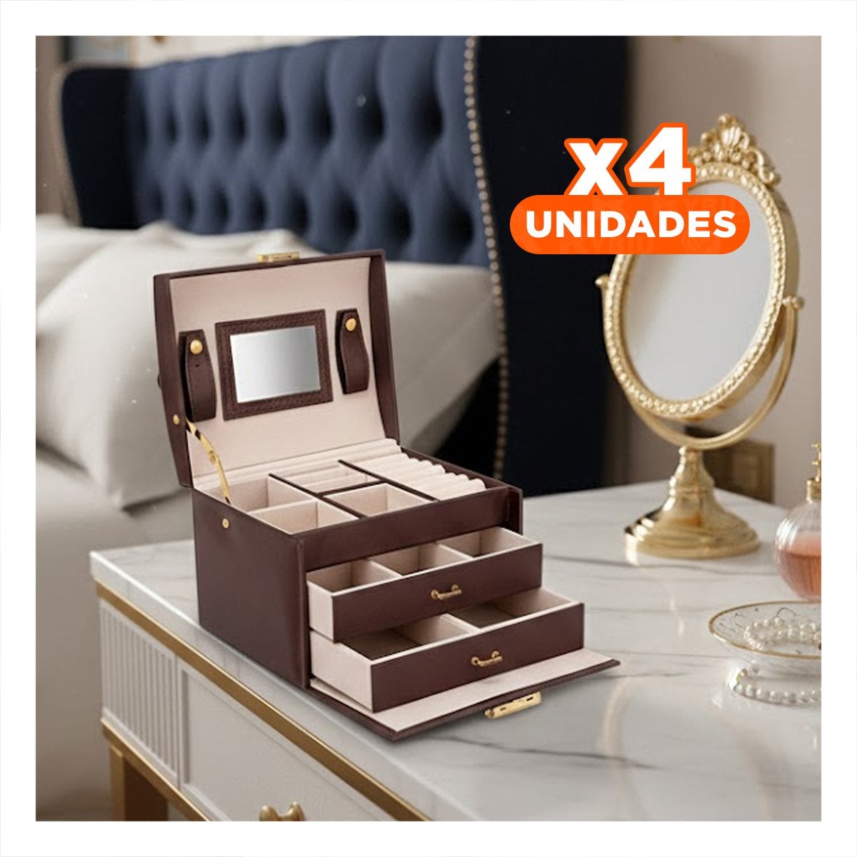 PACK4 ESTUCHE PRACTICO DE 3 NIVELES MARRON PARA JOYAS - 1