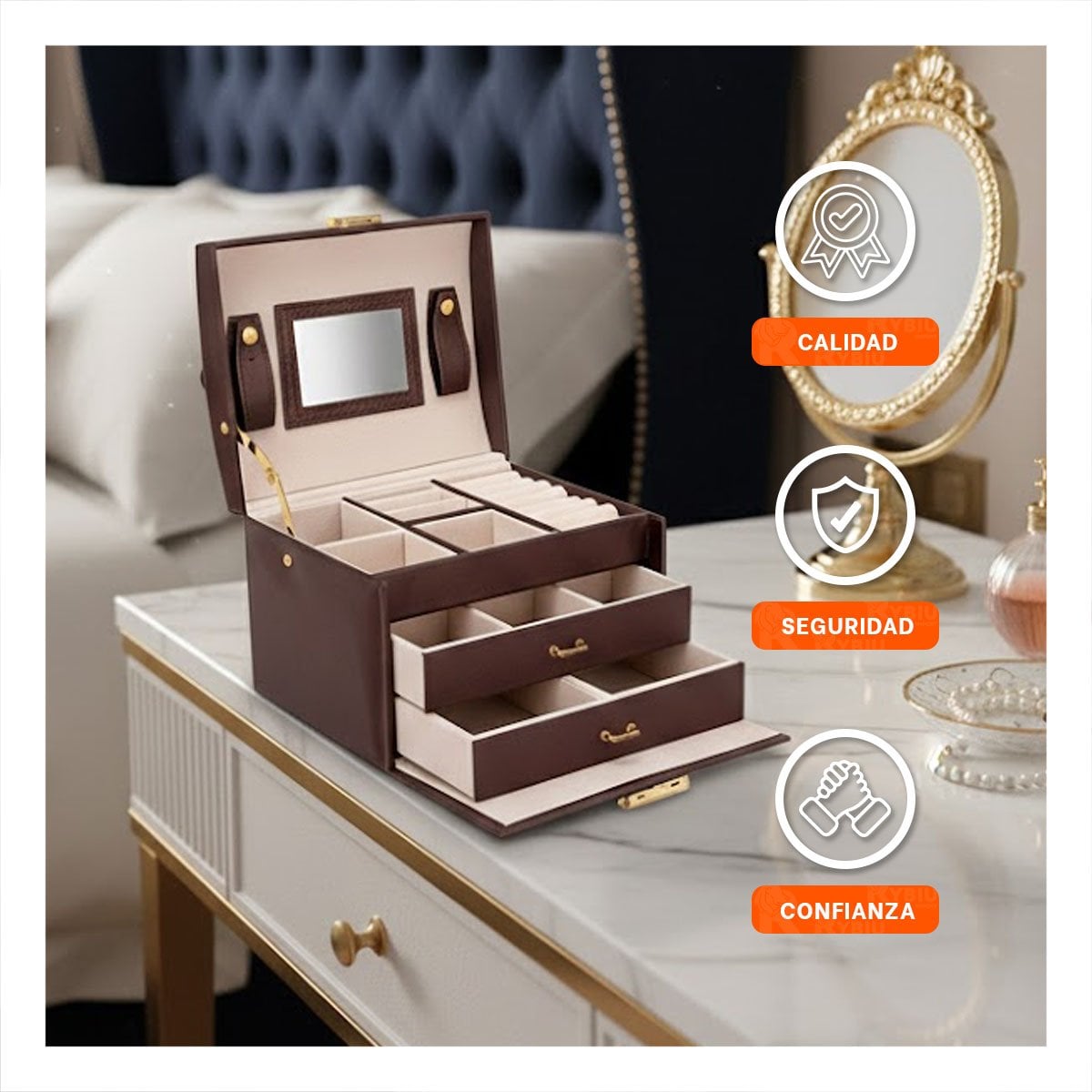 PACK4 ESTUCHE PRACTICO DE 3 NIVELES MARRON PARA JOYAS - 3