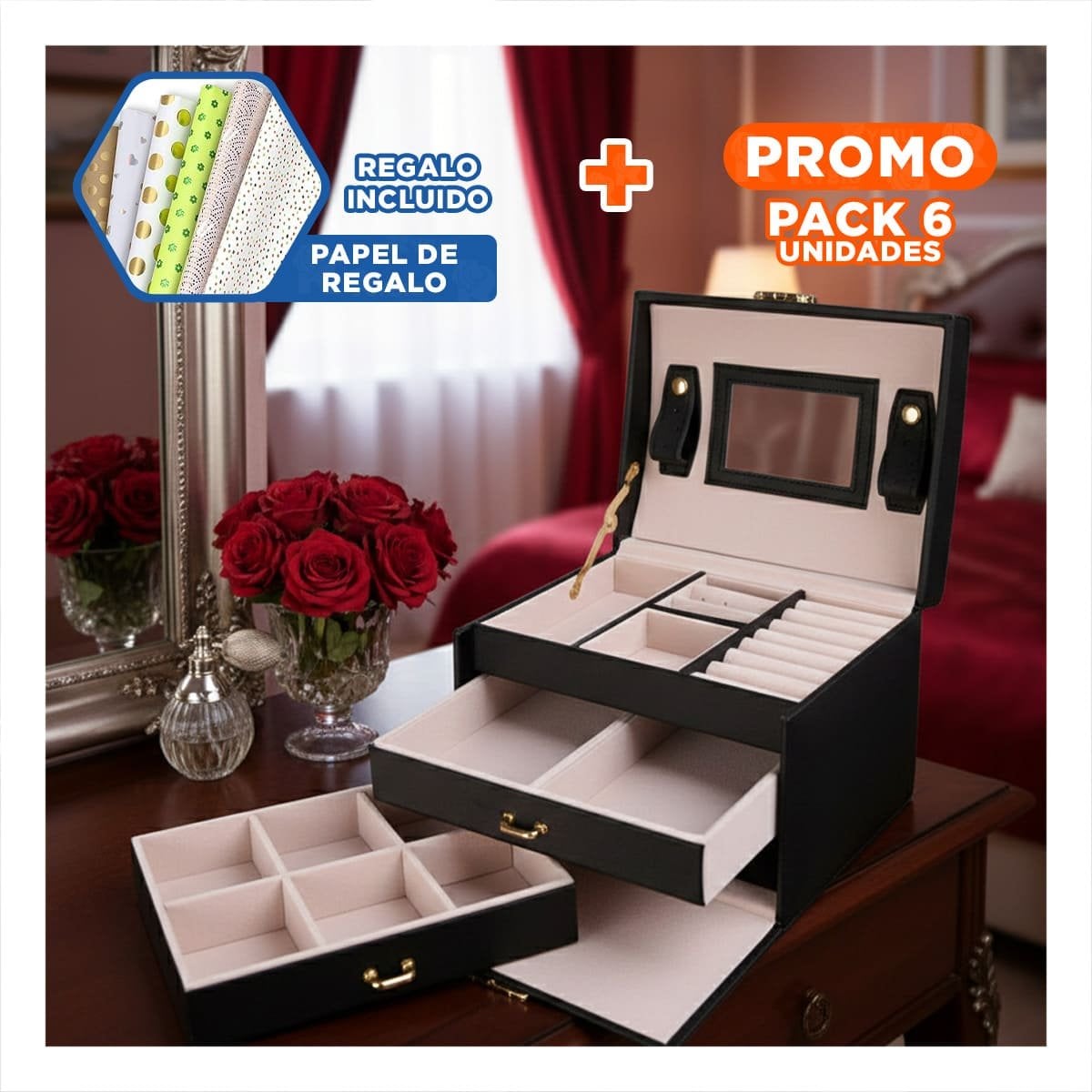 PACK6 ESTUCHE NEGRO DE 3 NIVELES PARA JOYAS Y ACCESORIOS Y+PAPEL REGALO - 1