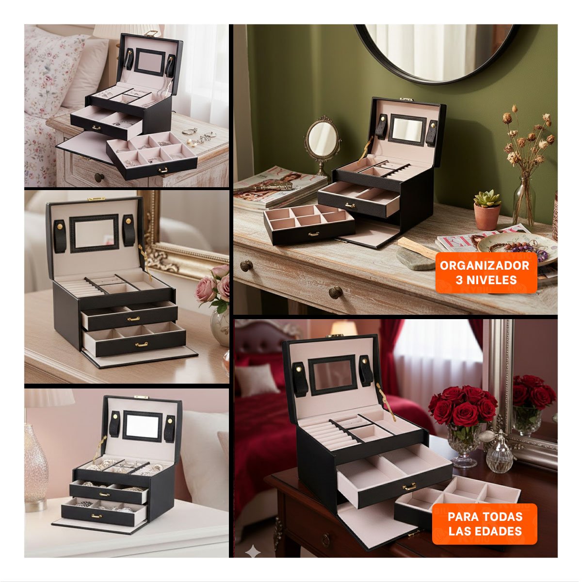PACK6 ESTUCHE NEGRO DE 3 NIVELES PARA JOYAS Y ACCESORIOS Y+PAPEL REGALO - 3
