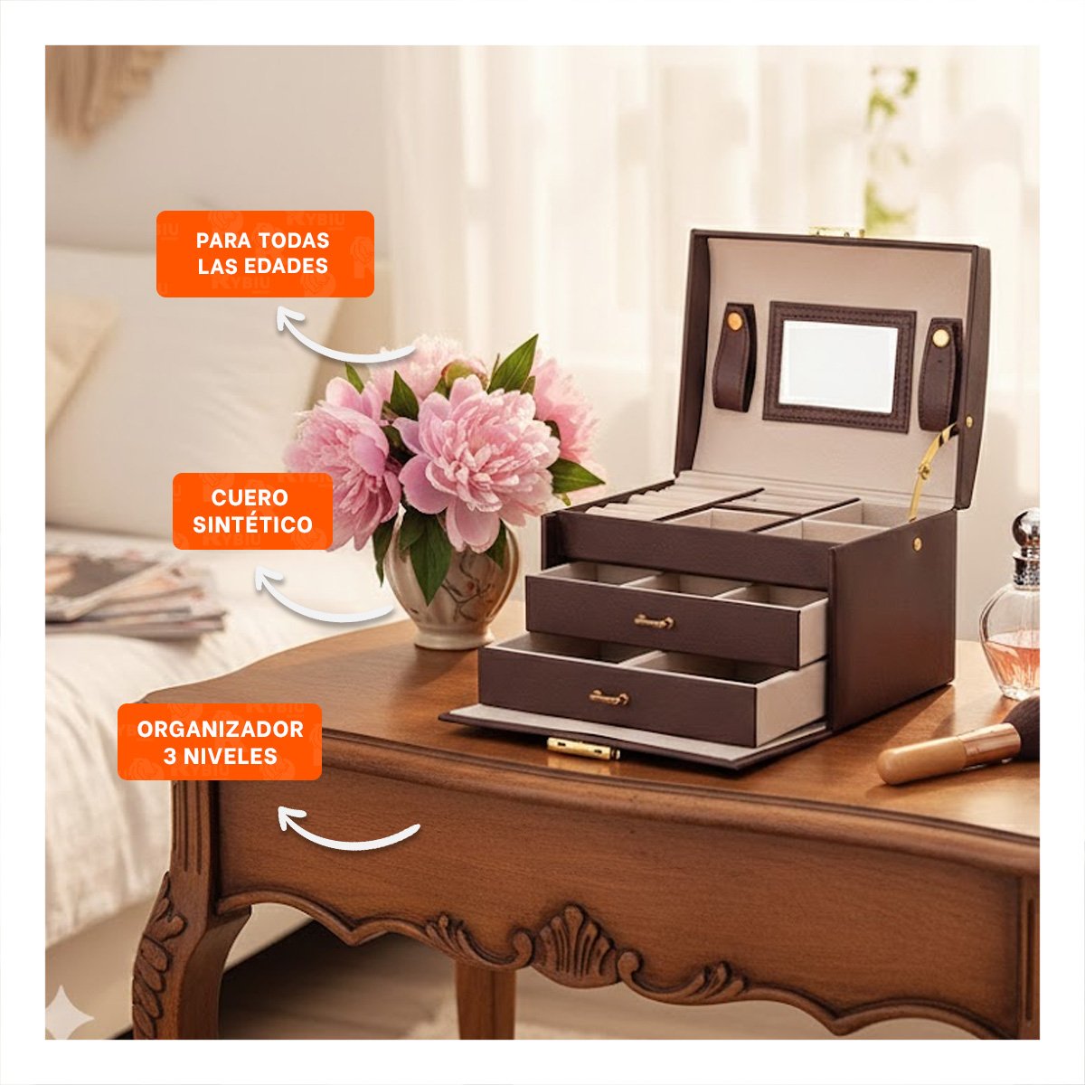 PACK2 ORGANIZADOR MODERNO DE 3 NIVELES MARRON PARA JOYAS - 5