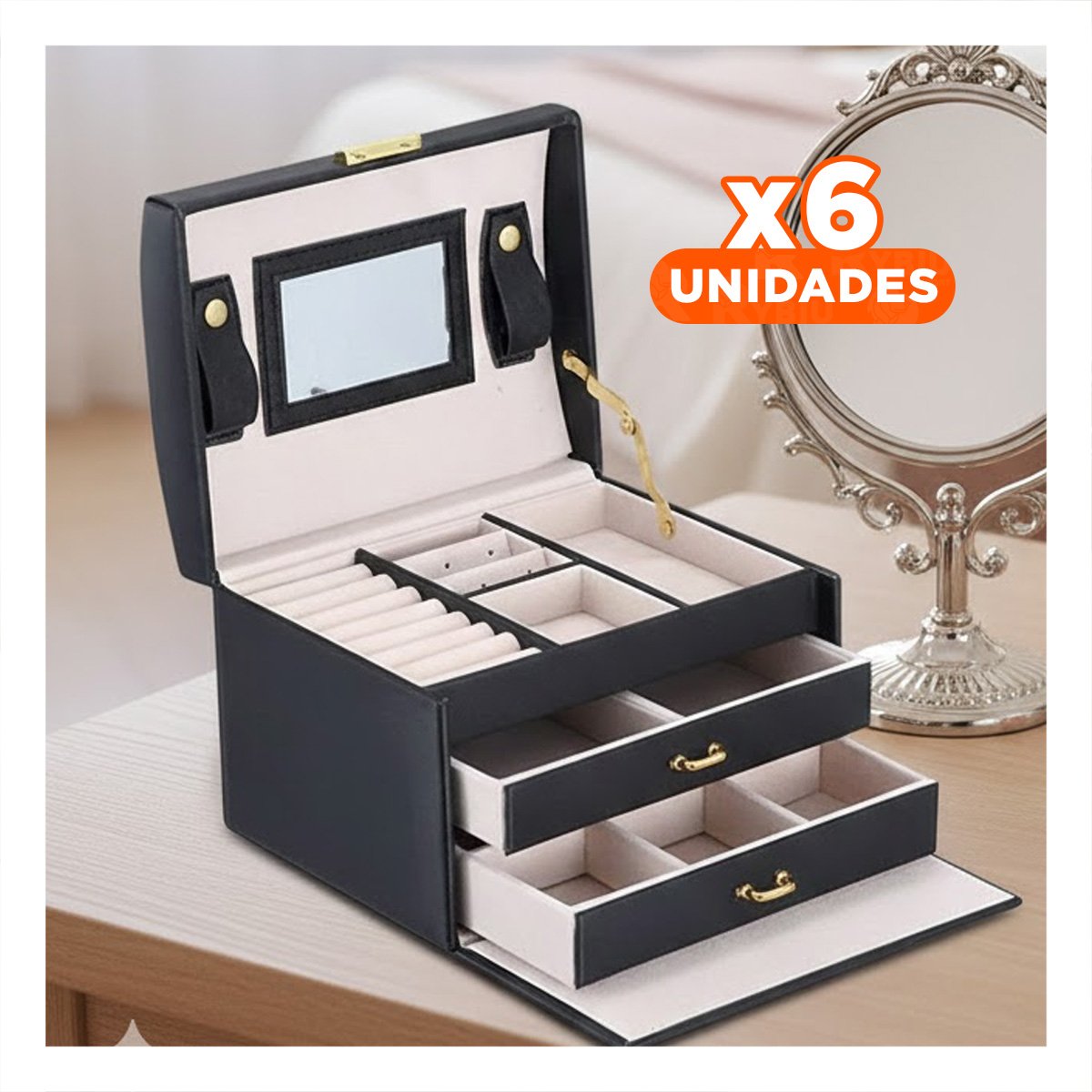 PACK6 CAJA NEGRA DE 3 NIVELES PARA ORGANIZAR JOYAS EN HOGAR Y+REGALO STICKER - 1