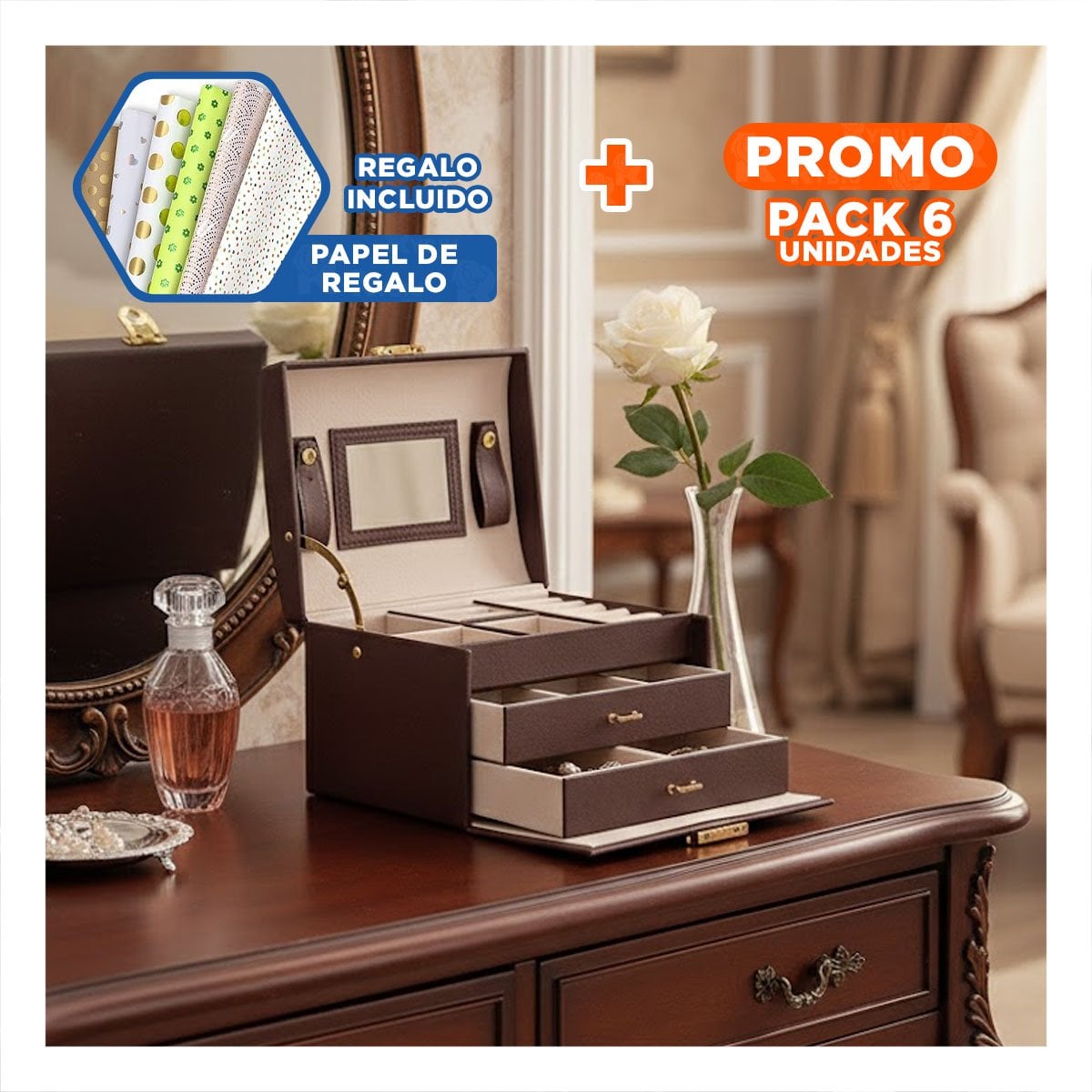 PACK6 ALHAJERO ELEGANTE DE 3 NIVELES MARRON PARA HOGAR Y+PAPEL REGALO - 1