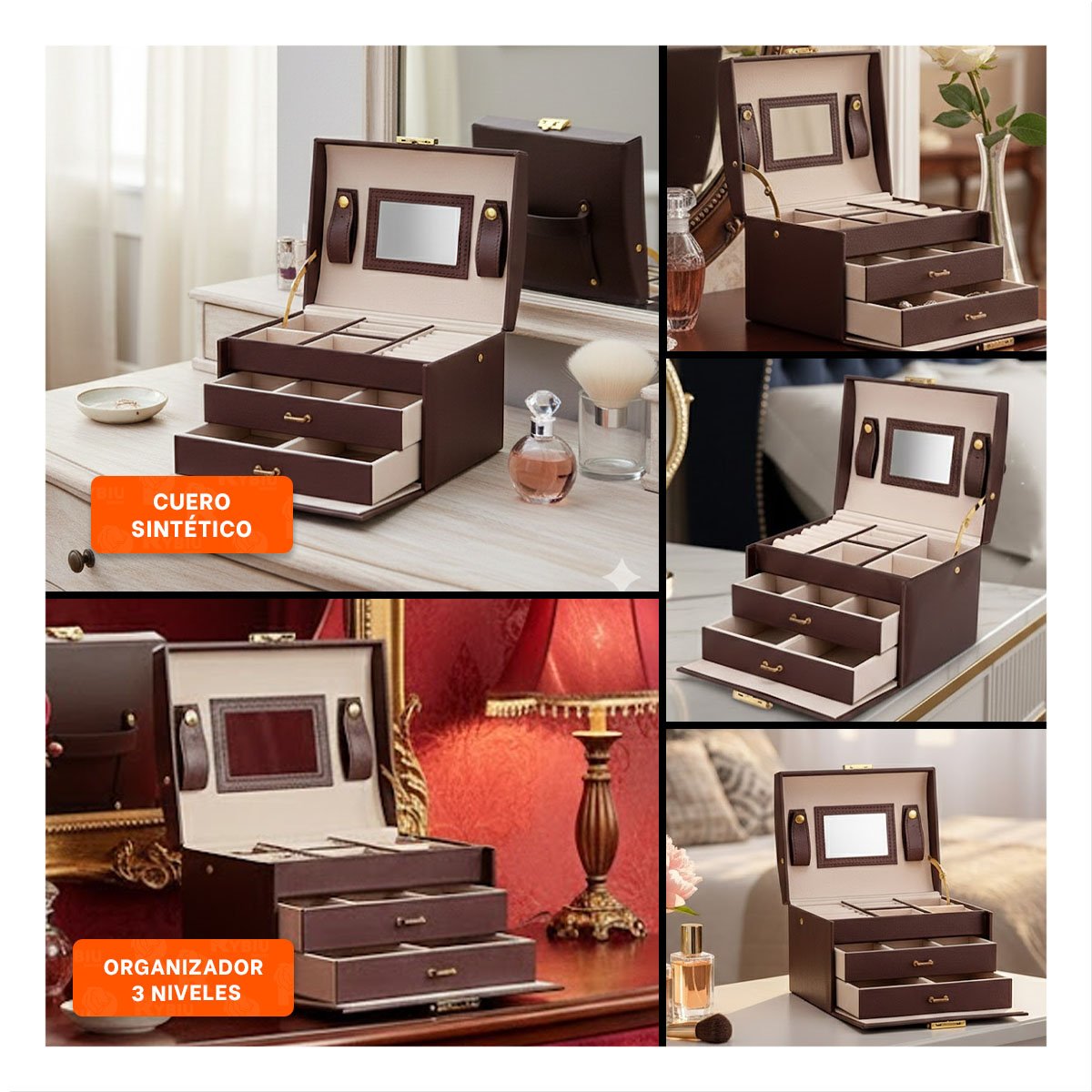 PACK4 ORGANIZADOR PRACTICO DE 3 NIVELES MARRON PARA HOGAR Y+REGALO STICKER - 2