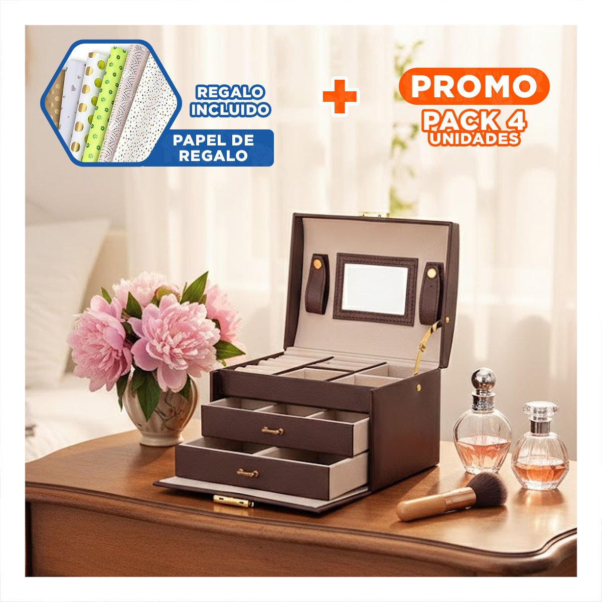 PACK4 CAJA PRACTICA DE 3 NIVELES MARRON PARA ACCESORIOS Y+PAPEL REGALO - 1