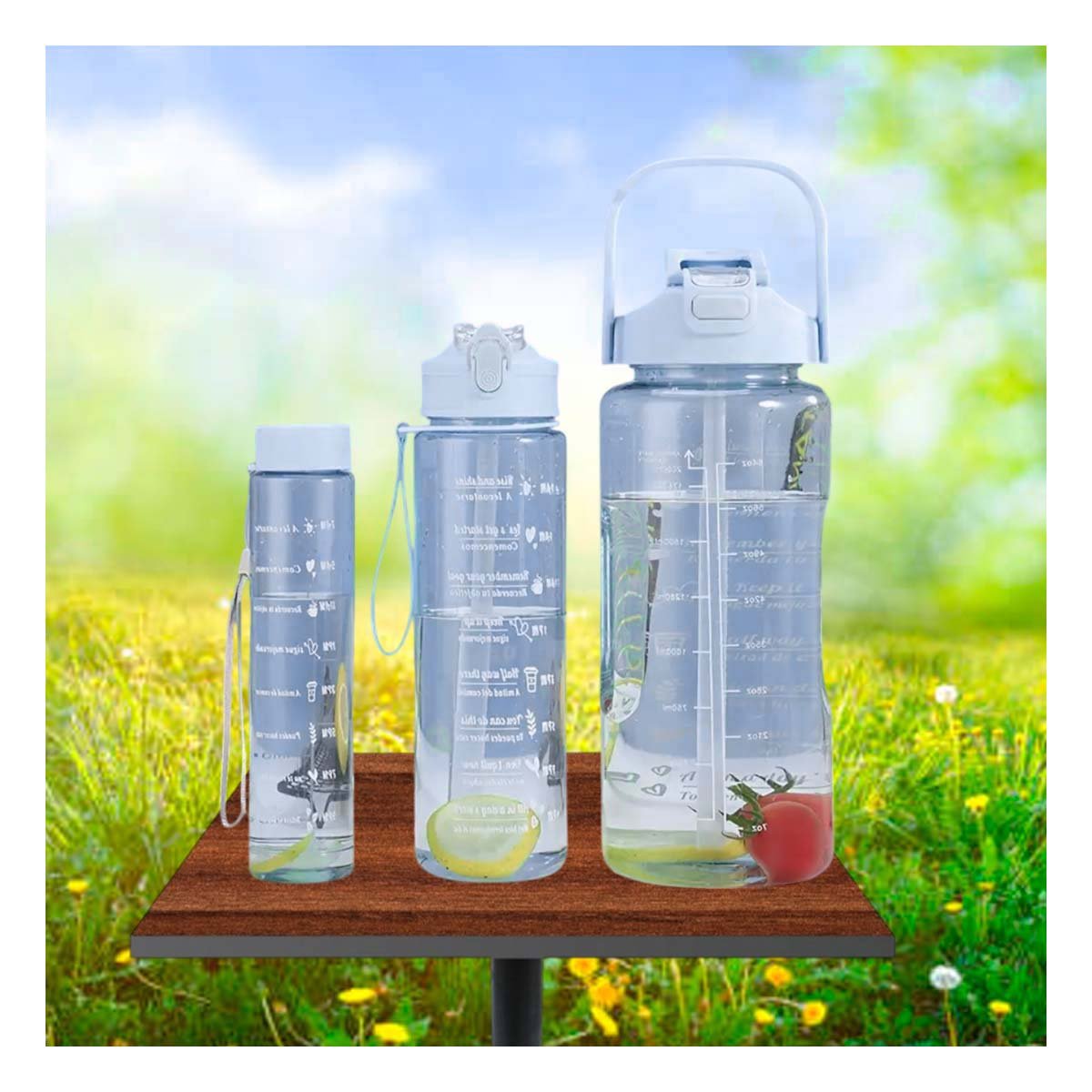 BOTELLA TRIO TRANSPARENTE AZUL CLARO CON TAPA HERMETICA DISEÑO OFICINA Y+PAPEL REGALO - 5