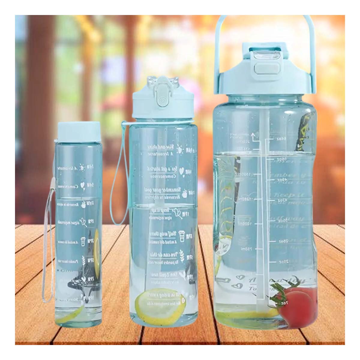 BOTELLA TRIO TRANSPARENTE CELESTE CLARO PARA MANTENER BEBIDAS FRIAS Y CALIENTES - 1