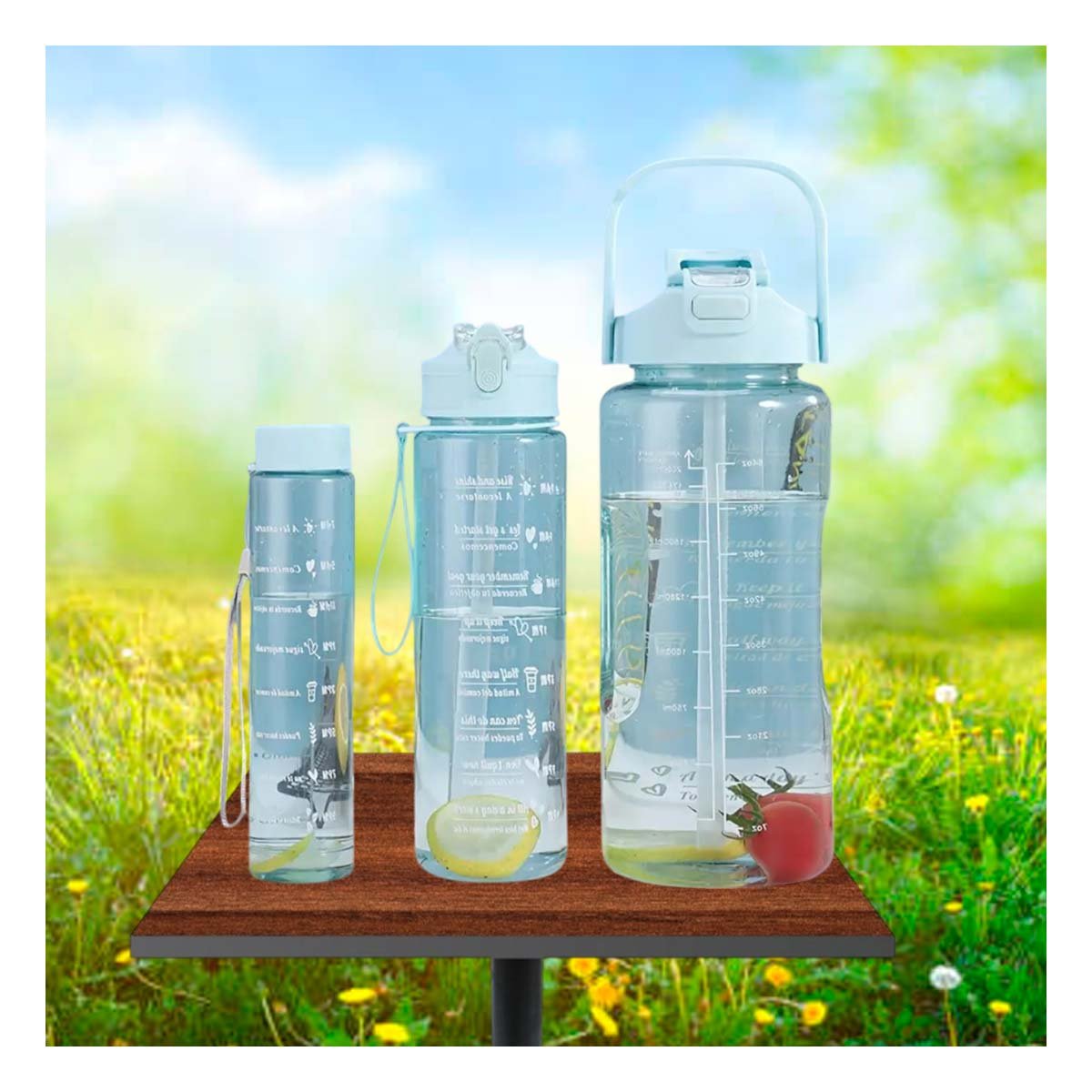 BOTELLA TRIO TRANSPARENTE CELESTE CLARO PARA MANTENER BEBIDAS FRIAS Y CALIENTES - 2