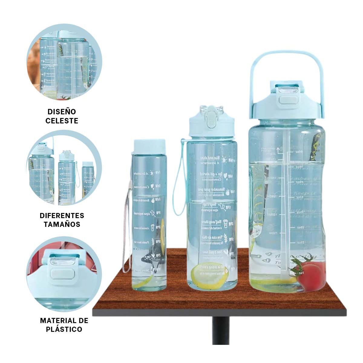 BOTELLA TRIO TRANSPARENTE CELESTE CLARO PARA MANTENER BEBIDAS FRIAS Y CALIENTES - 3