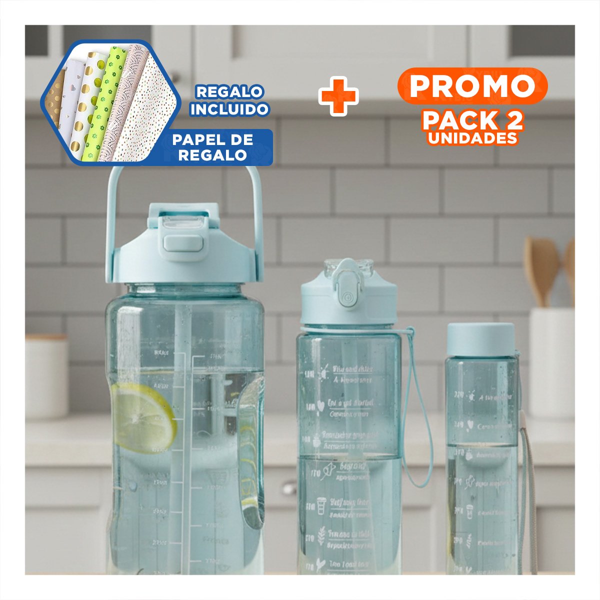 PACK2 RECIPIENTE TRIO TRANSPARENTE CELESTE CLARO LIGERO Y COMODO PARA BEBIDAS Y+PAPEL REGALO - 1