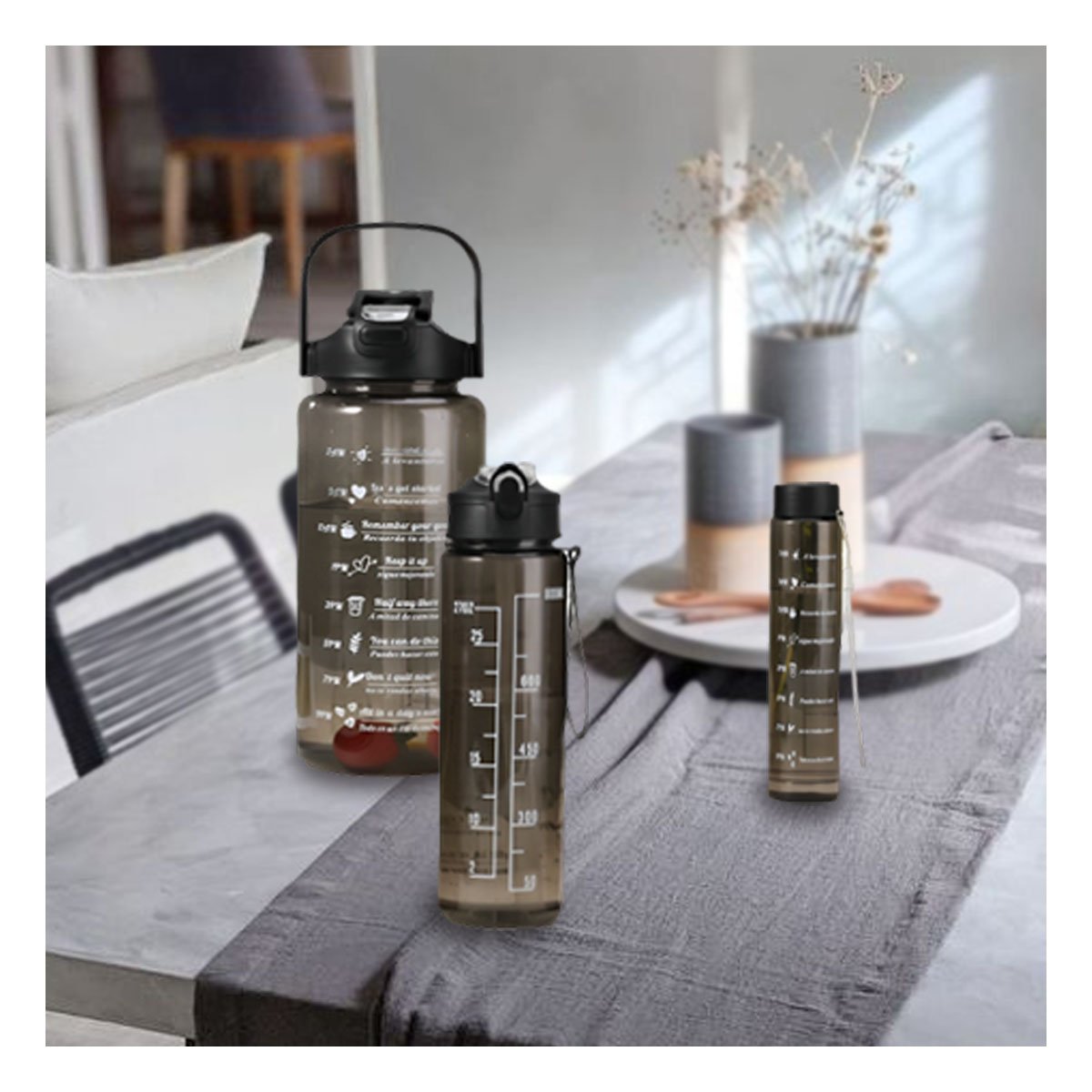 BOTELLA TRIO TRANSPARENTE NEGRO LIGERA Y COMODA PARA TRANSPORTAR BEBIDAS DIARIAS Y+LIGAS REGALO - 2