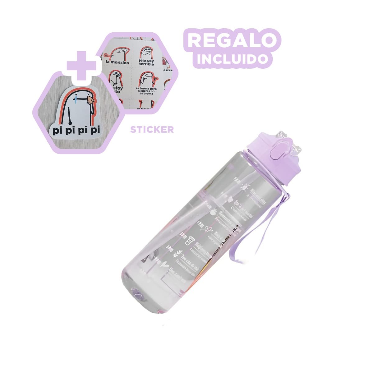 BOTELLA TRIO TRANSPARENTE LILA RESISTENTE Y FACIL DE LIMPIAR CASA Y+REGALO STICKER - 1
