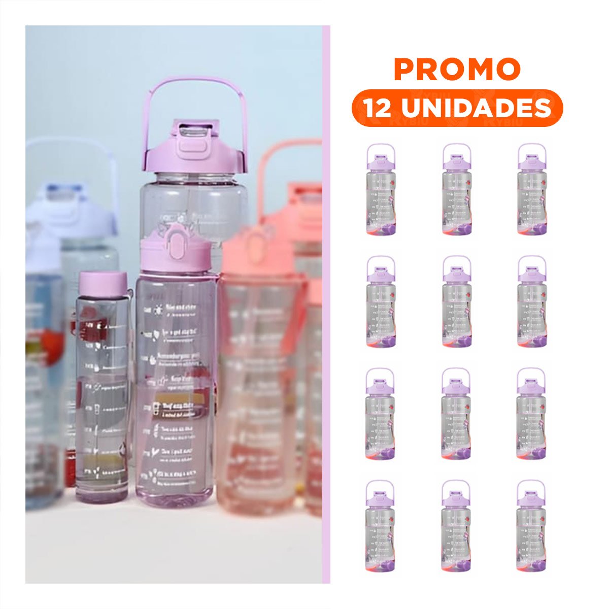 PACK12 JARRA TRIO TRANSPARENTE LILA LIGERA Y COMODA PARA TRANSPORTAR BEBIDA Y+REGALO STICKER - 1