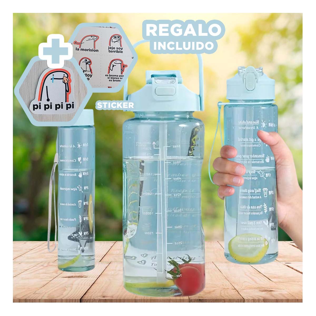 BOTELLA TRIO TRANSPARENTE CELESTE CLARO RESISTENTE Y FACIL DE LIMPIAR CASA Y+REGALO STICKER - 1