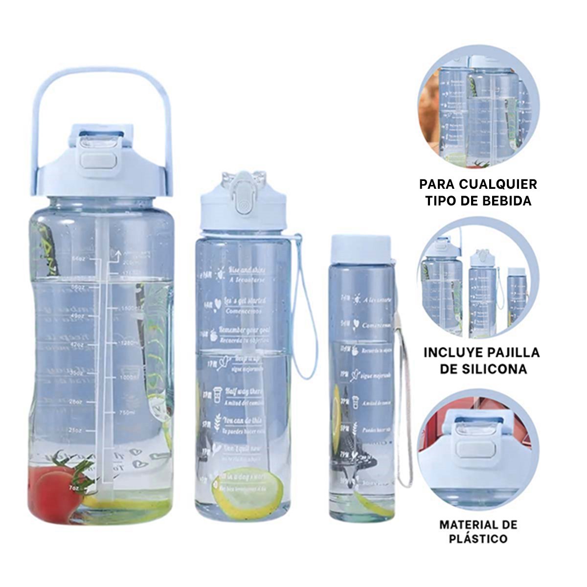 BOTELLA TRIO TRANSPARENTE AZUL CLARO MANTIENE BEBIDAS FRIAS Y CALIENTES - 3