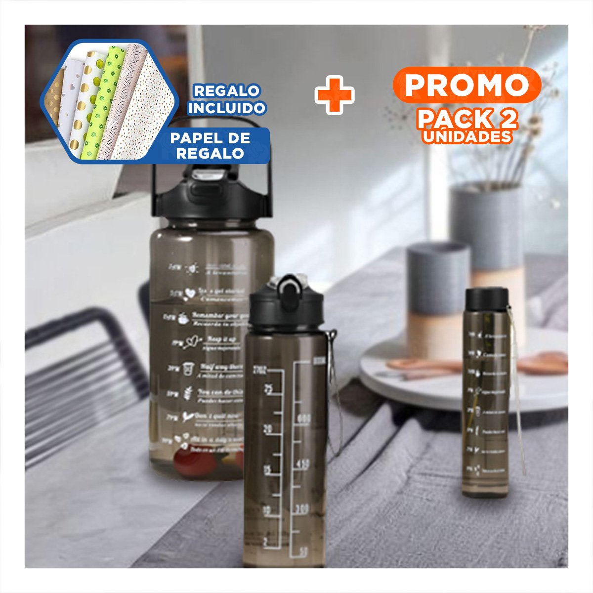 PACK2 RECIPIENTE TRIO TRANSPARENTE NEGRO LIGERO Y COMODO PARA BEBIDAS Y+PAPEL REGALO - 1
