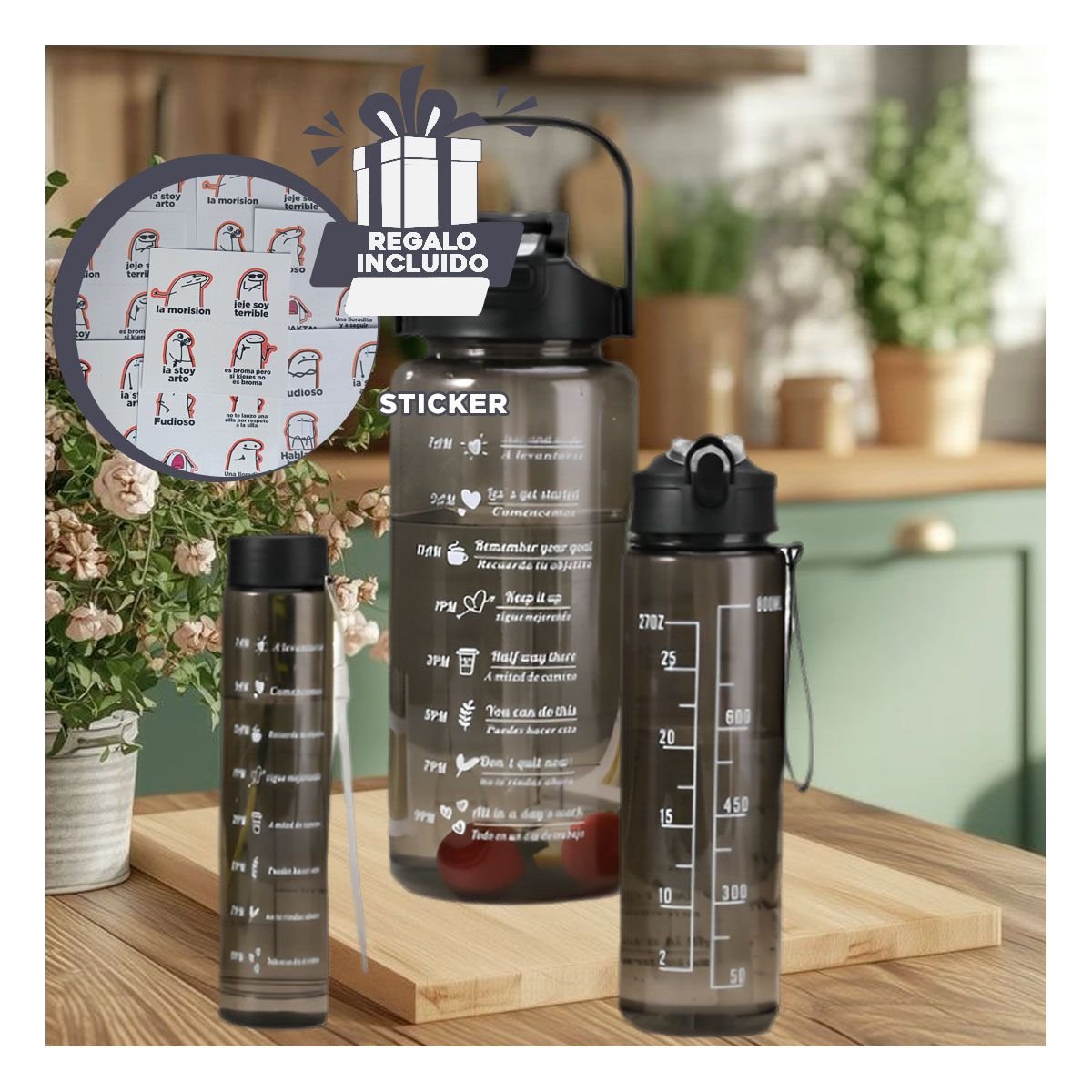 BOTELLA TRIO TRANSPARENTE NEGRO RESISTENTE Y FACIL DE LIMPIAR EN CASA Y+REGALO STICKER - 1