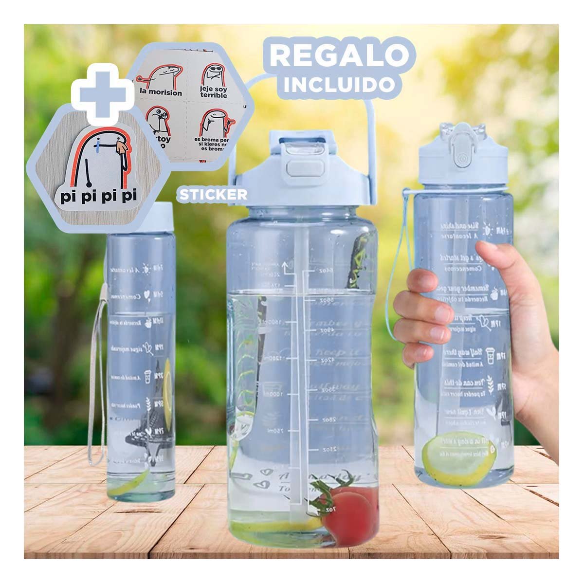 BOTELLA TRIO TRANSPARENTE AZUL CLARO RESISTENTE Y FACIL DE LIMPIAR CASA Y+REGALO STICKER - 1
