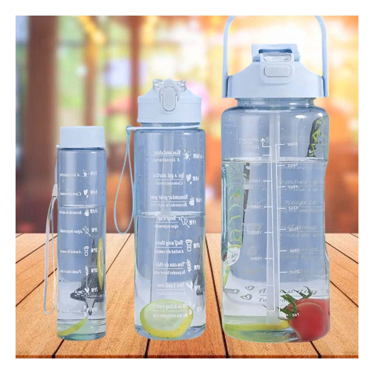 BOTELLA TRIO TRANSPARENTE AZUL CLARO RESISTENTE Y FACIL DE LIMPIAR CASA Y+REGALO STICKER - 2