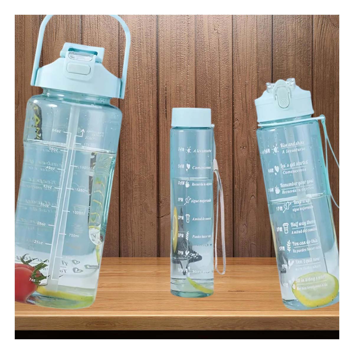 BOTELLA TRIO TRANSPARENTE CELESTE CLARO CON TAPA HERMETICA Y DISEÑO OFICINA Y+PAPEL REGALO - 2
