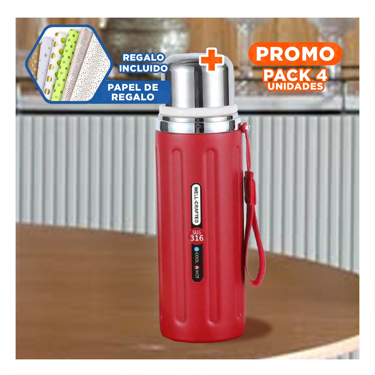 PACK4 RECIPIENTE 800ML ROJO CON DISEÑO MODERNO Y TAPA HERMETICA PARA OFICINA Y+PAPEL REGALO - 1