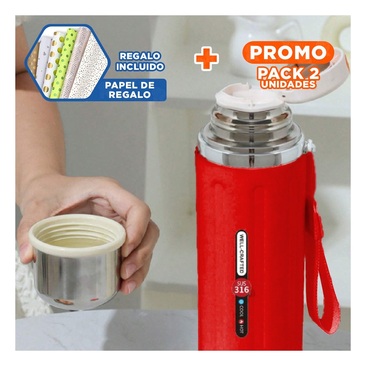 PACK2 RECIPIENTE 800ML ROJO DEGRADADO PARA MANTENER BEBIDAS CALIENTES O FRIAS Y+PAPEL REGALO - 1