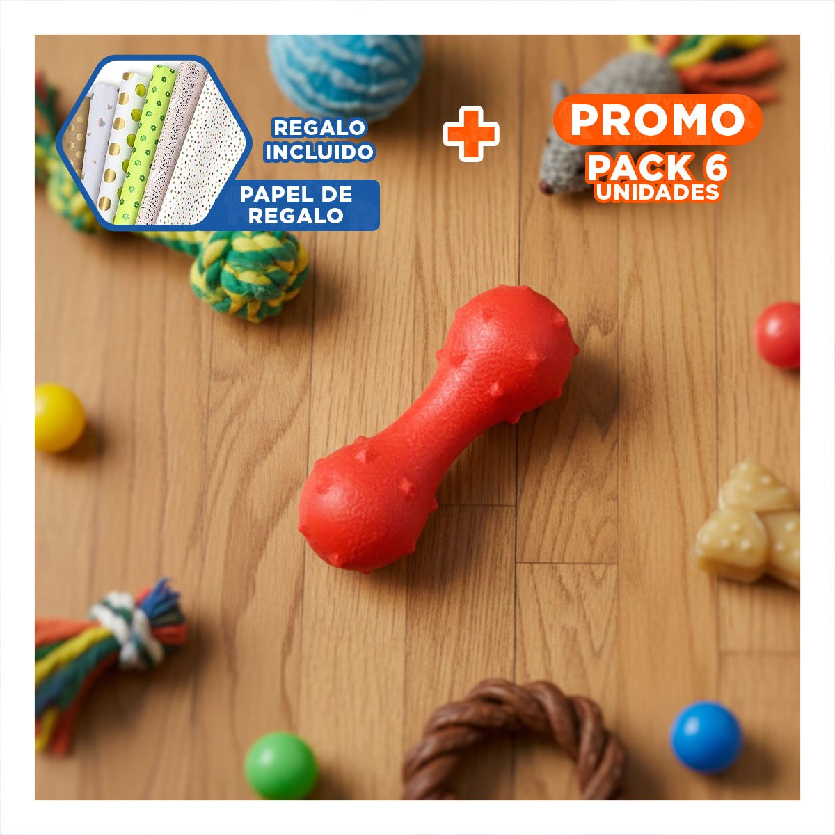 PACK6 OBJETO DE ESTIMULACION PARA MASCOTA ROJO RESISTENTE Y FIRME AL MORDER Y+PAPEL REGALO - 1